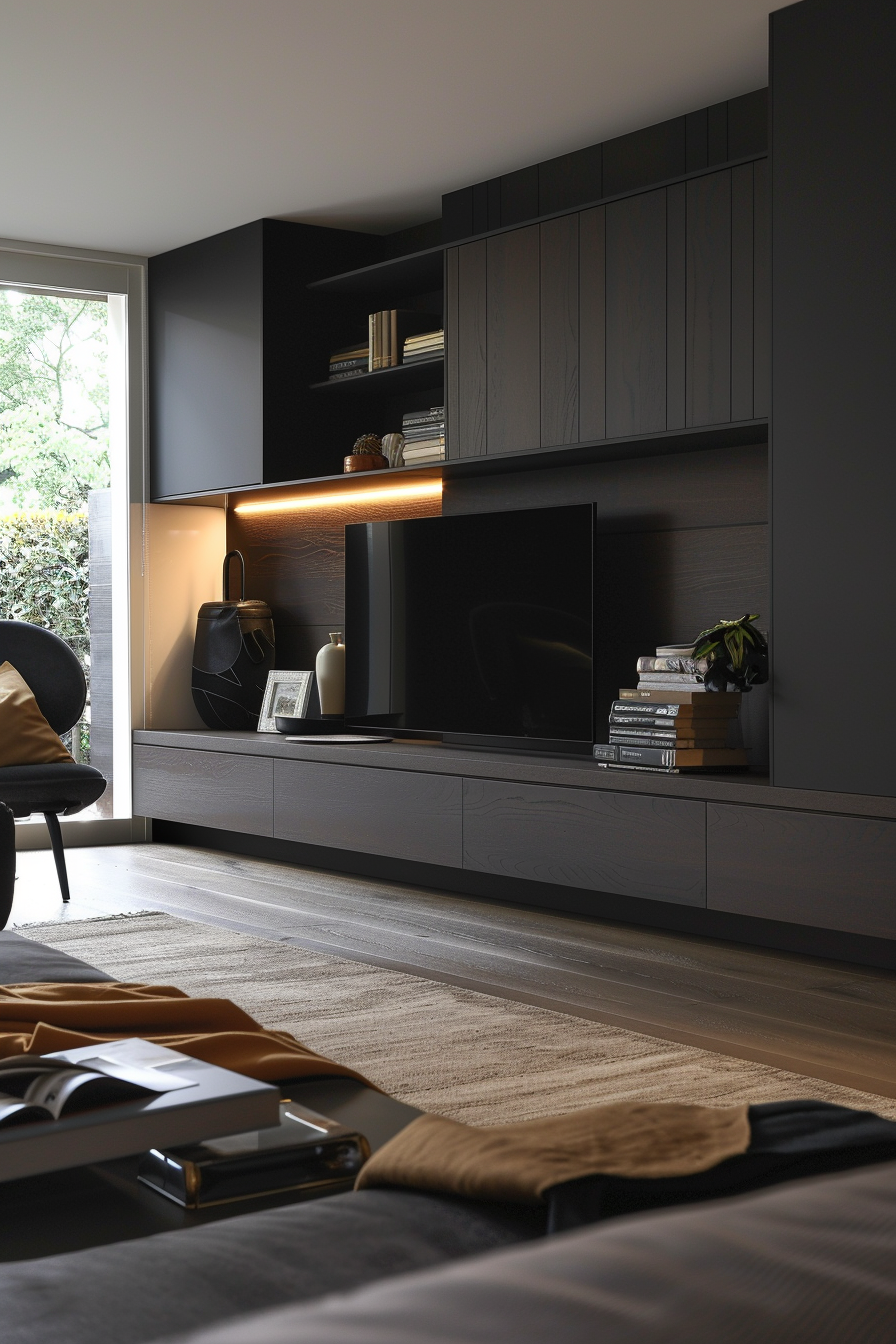 Modern living room with sleek dark furniture, including shelving with books, and a flat-screen TV, with natural light from the window.
