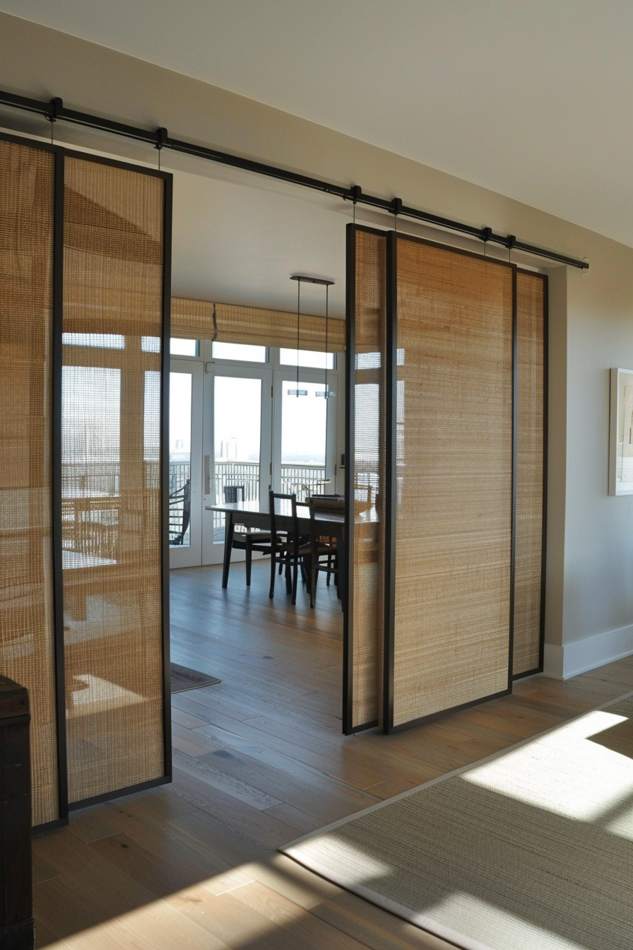 Sliding bamboo panel doors open towards a sunny dining area with a table set by large windows.