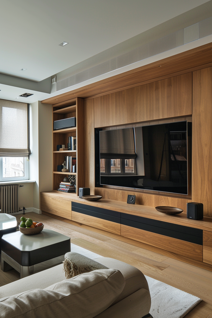 Modern living room with wooden TV unit, built-in shelves with books, and a comfy beige sofa.