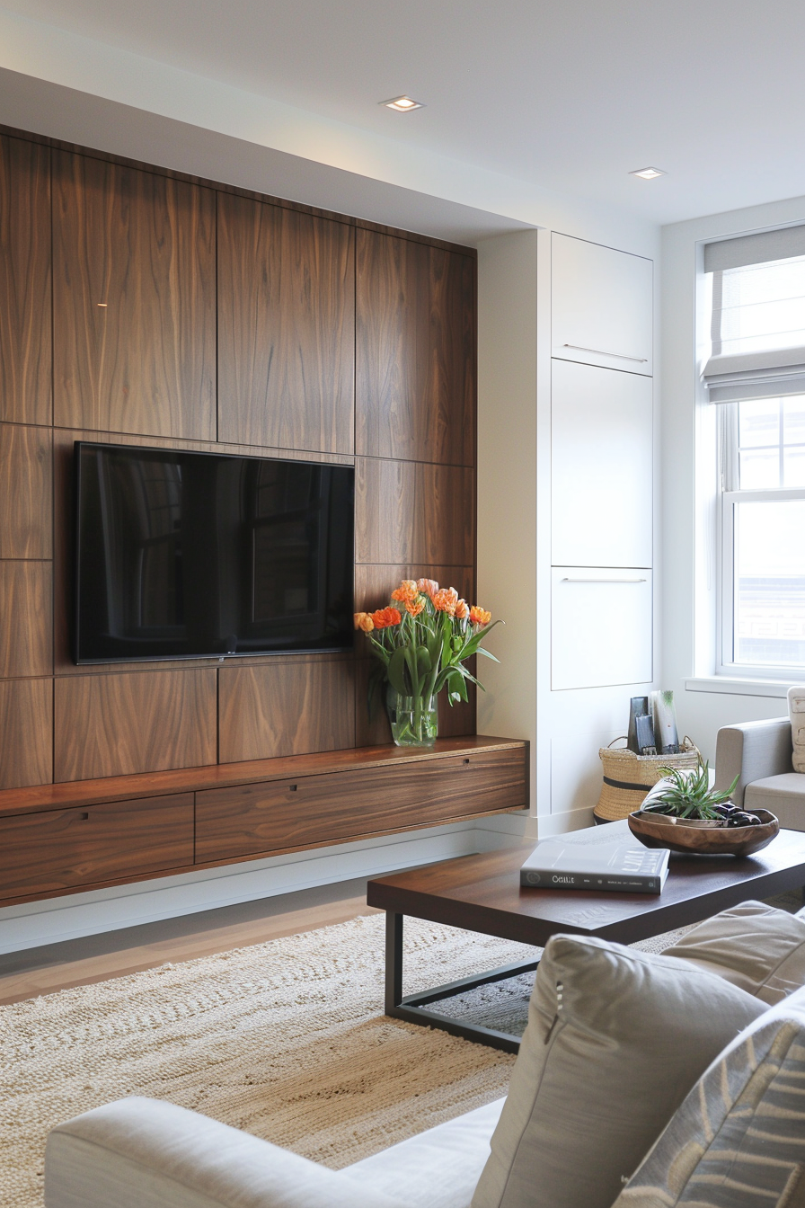 Modern living room with wooden media cabinet, mounted TV, and a vase of tulips, with natural light from window.