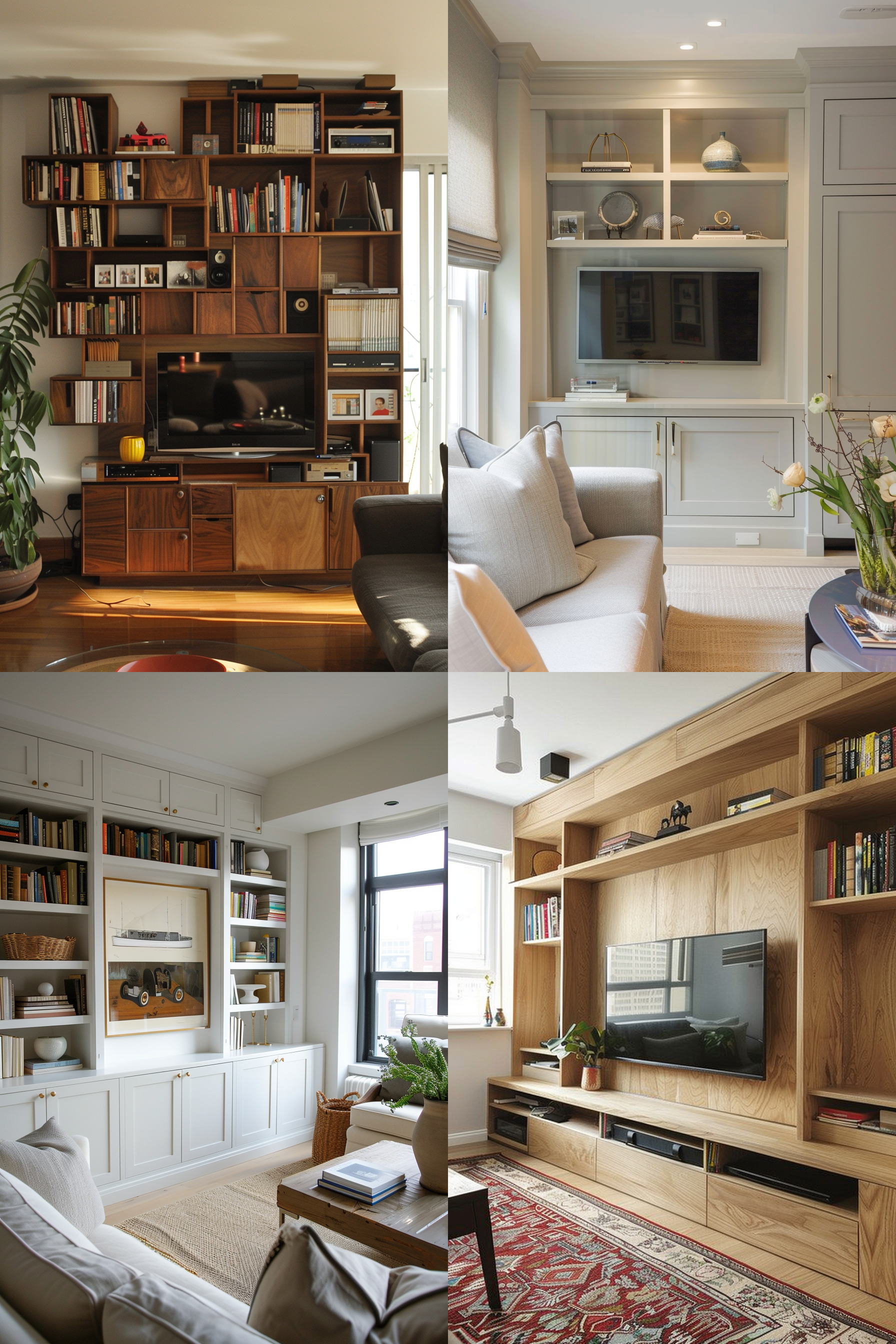 Four images of stylish living rooms featuring various built-in bookshelves and entertainment units in different designs.