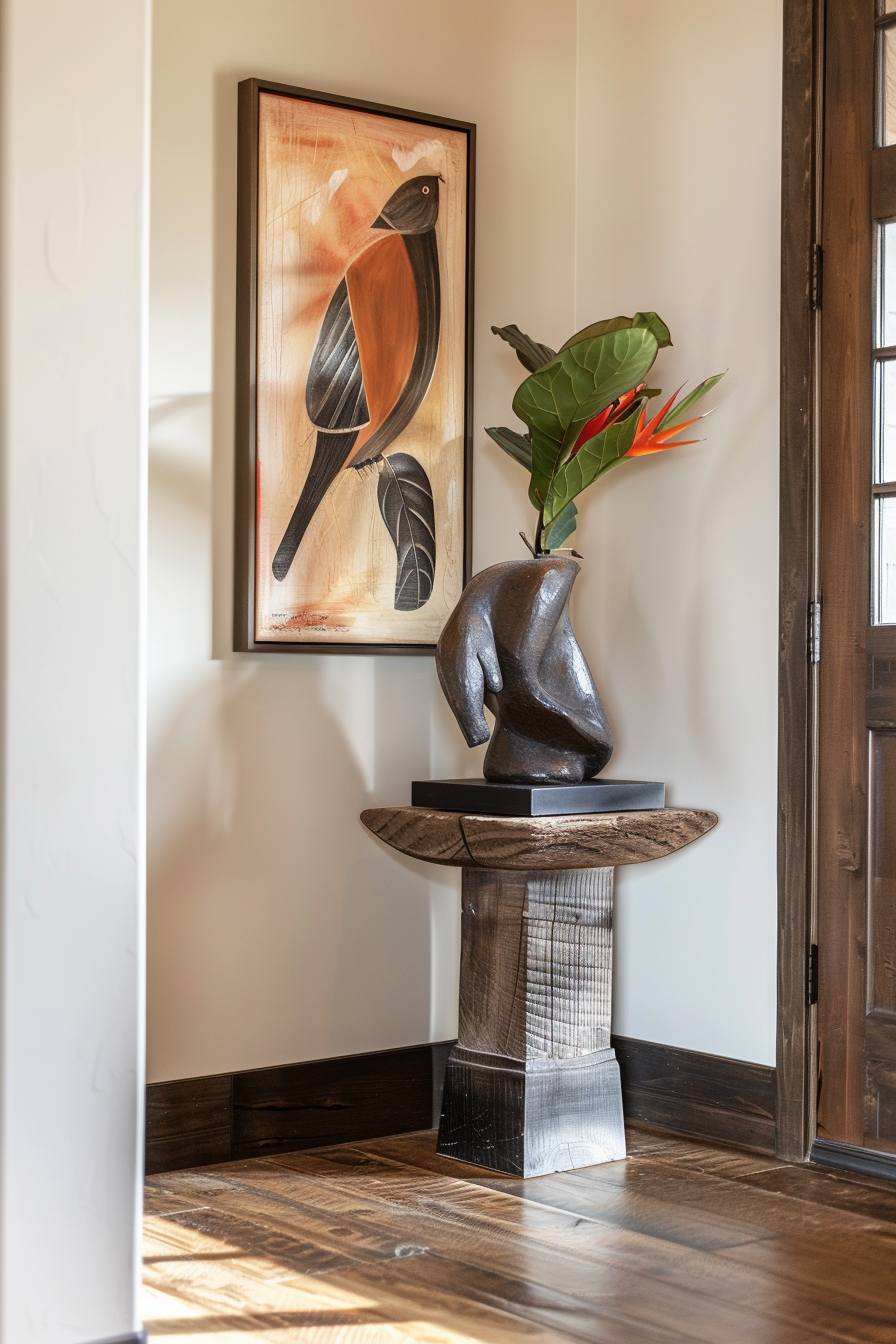 ALT: Interior corner featuring a wooden sculpture on a pedestal, a bird-themed artwork on the wall, and a plant with red flowers.