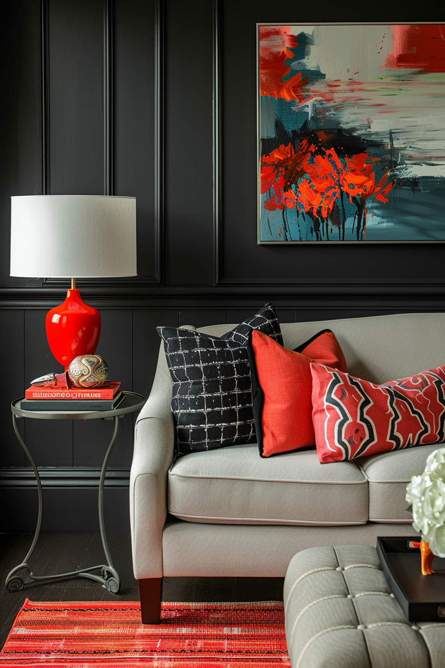 Elegant living room with a beige sofa, red and black decorative pillows, red artwork on a black panel wall, and a red table lamp.