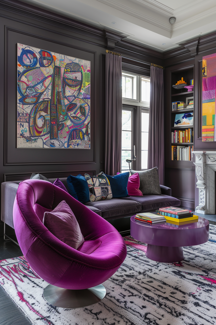 Modern living room with a purple theme: eggplant-colored walls, a large abstract painting, a velvet swivel chair, sofa with pillows, and a round table.