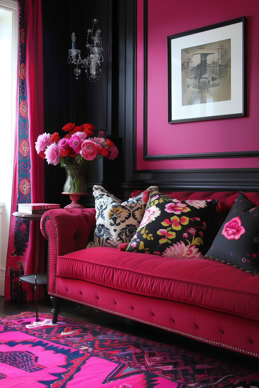 Vibrantly decorated room with a red velvet sofa, colorful throw pillows, a bouquet of flowers, a crystal wall sconce, and a framed photograph.