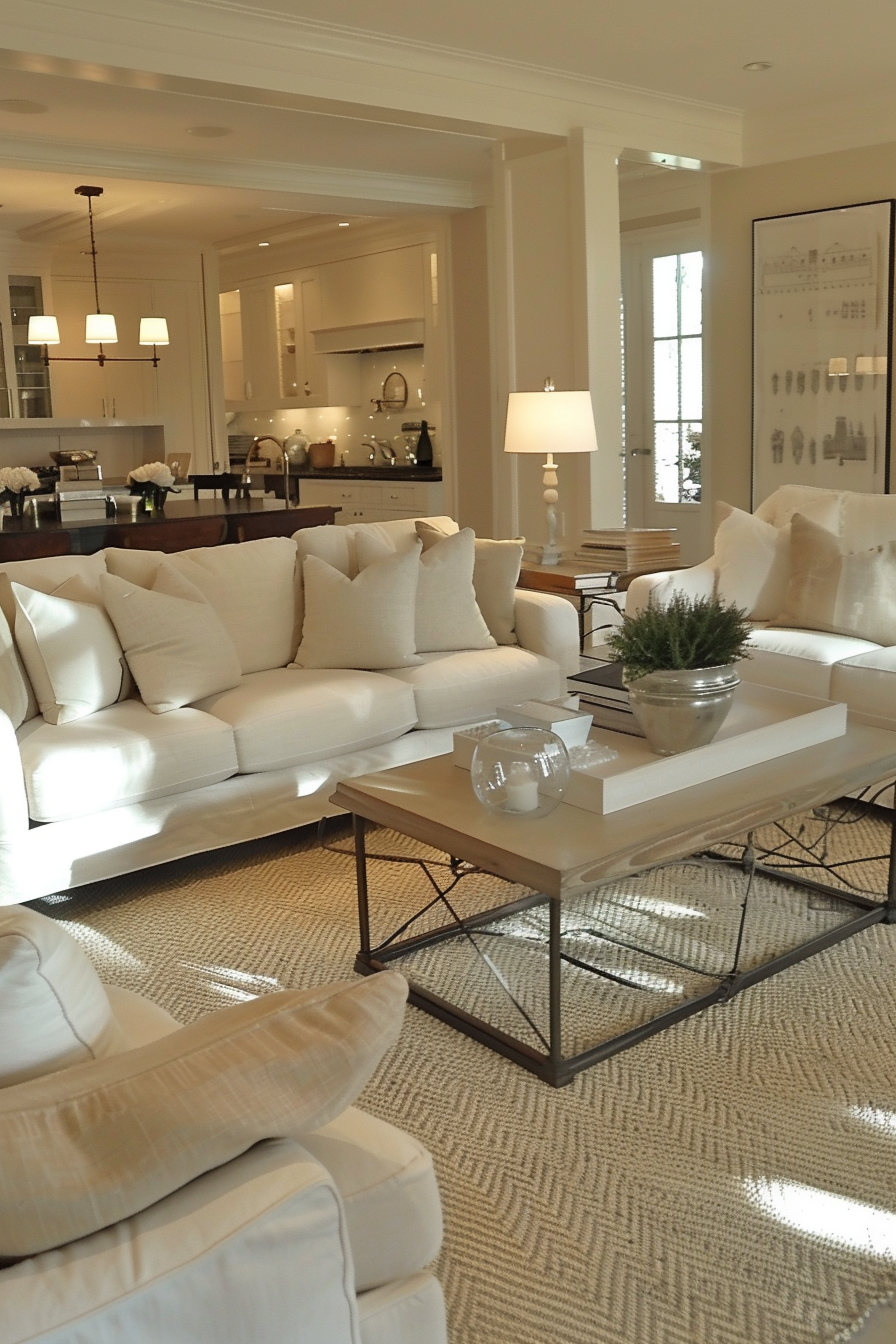 Elegant living room with beige sofa, coffee table, and view into the kitchen with modern pendant lights.