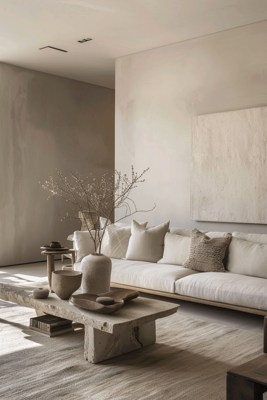 A minimalist living room with a beige sofa, textured pillows, concrete coffee table, and ceramic vases with dried branches.