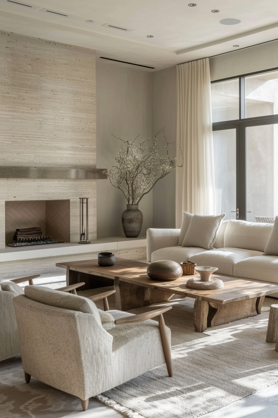 A modern living room with neutral tones, featuring a fireplace, comfortable seating, large window, and vase with branches.
