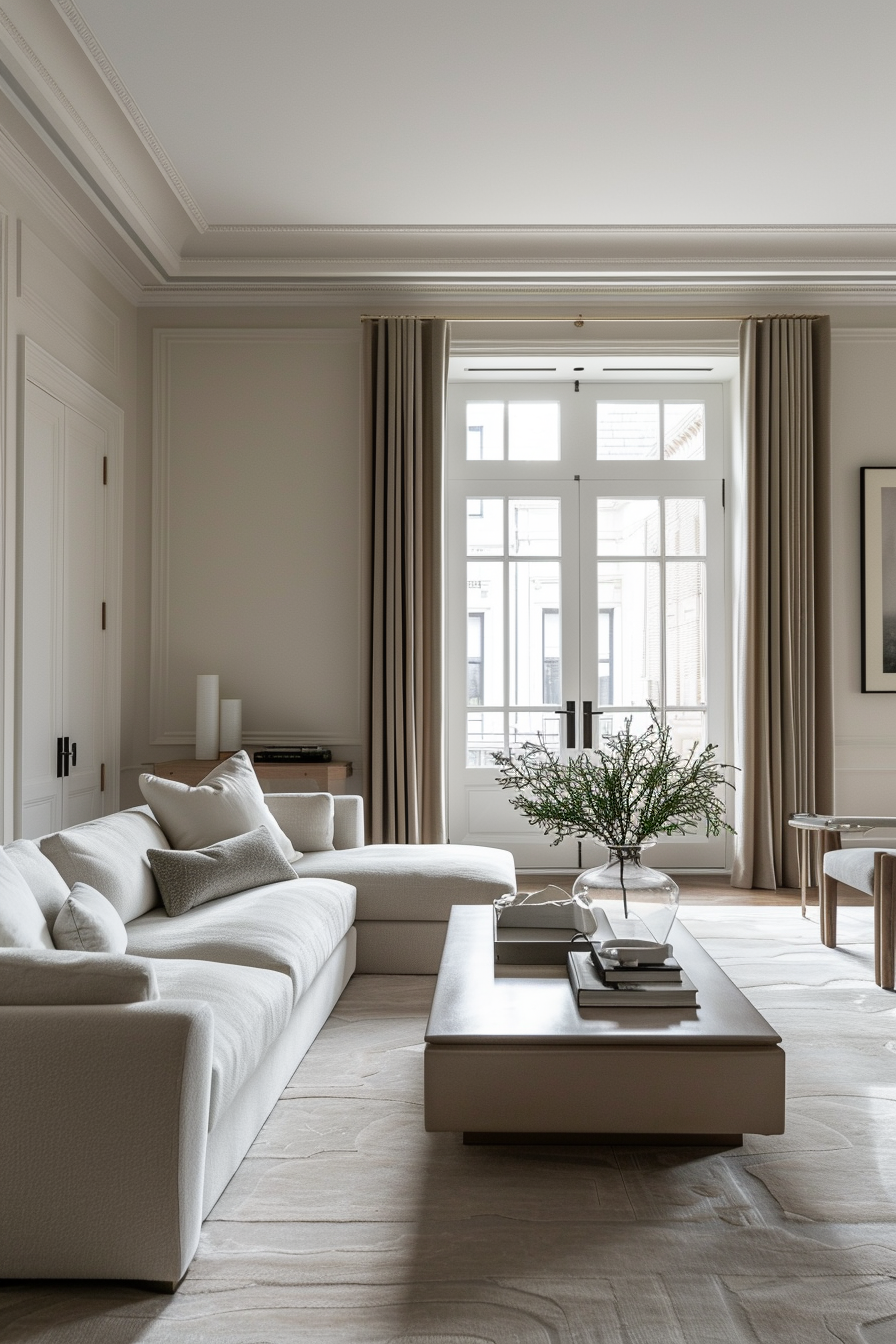 Elegant living room with neutral tones, white sofas, wooden floors, and large windows with curtains.