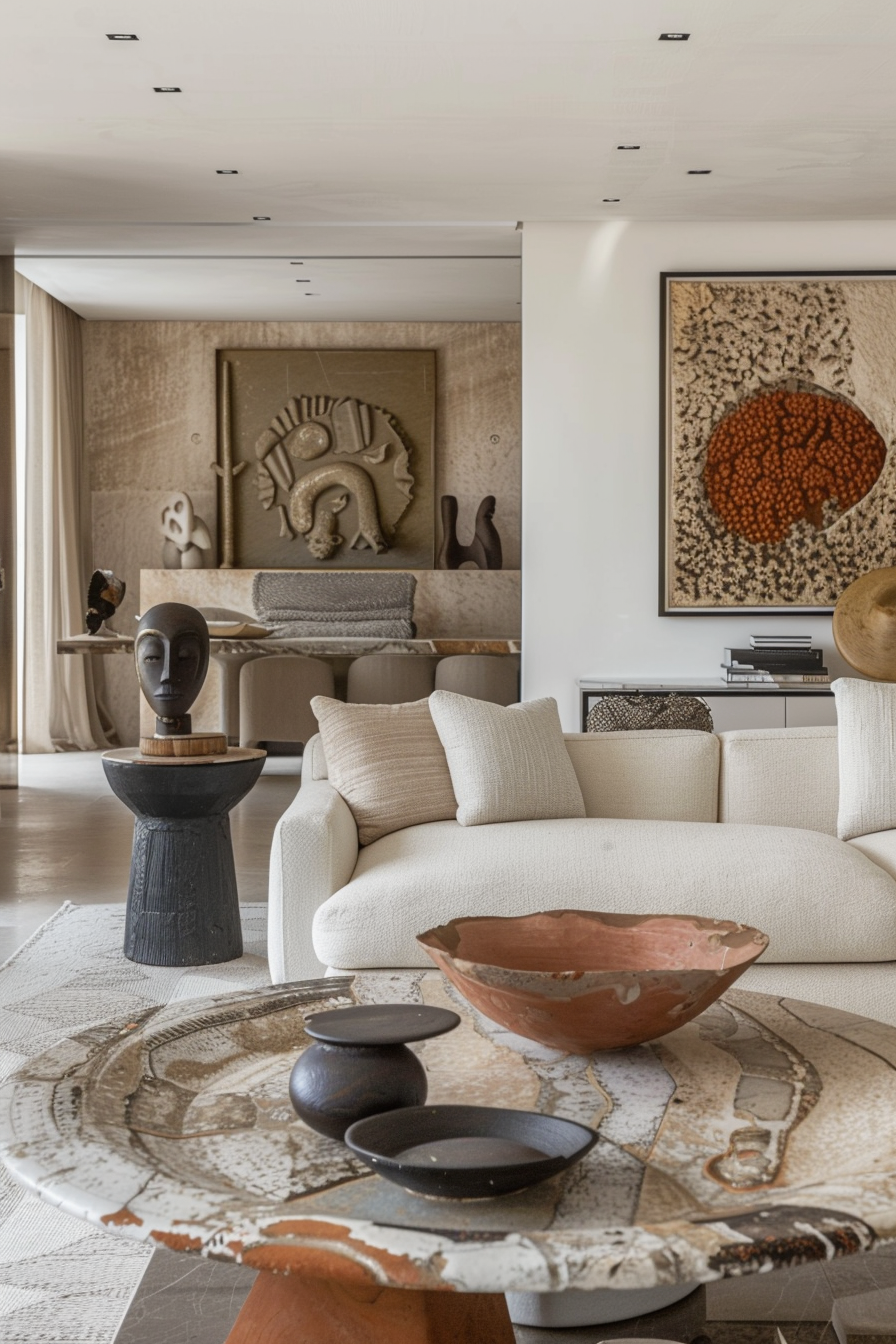 Modern living room interior with African art sculptures and decor, neutral tones, and a comfortable sofa.