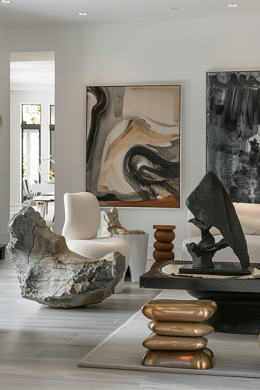 Modern living room with abstract art, unique rock chair, sculptural furniture, and neutral color palette.