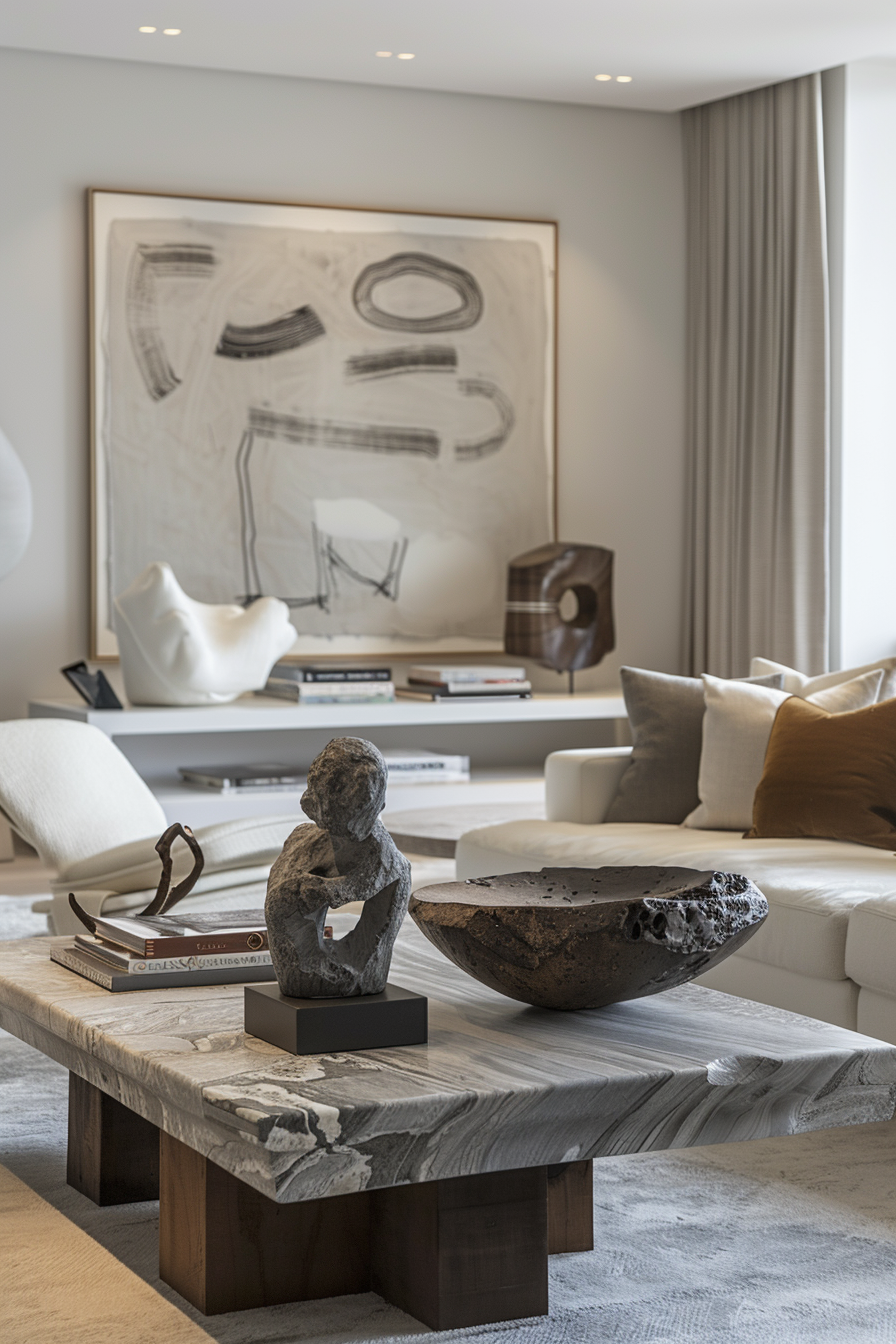 Elegant living room with modern decor, featuring a wooden coffee table, abstract art, and decorative sculptures.