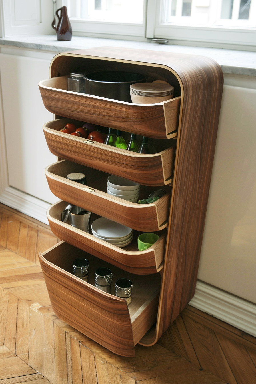 Wooden vertical storage unit with open drawers displaying various kitchen items such as bowls, bottles, and cups.