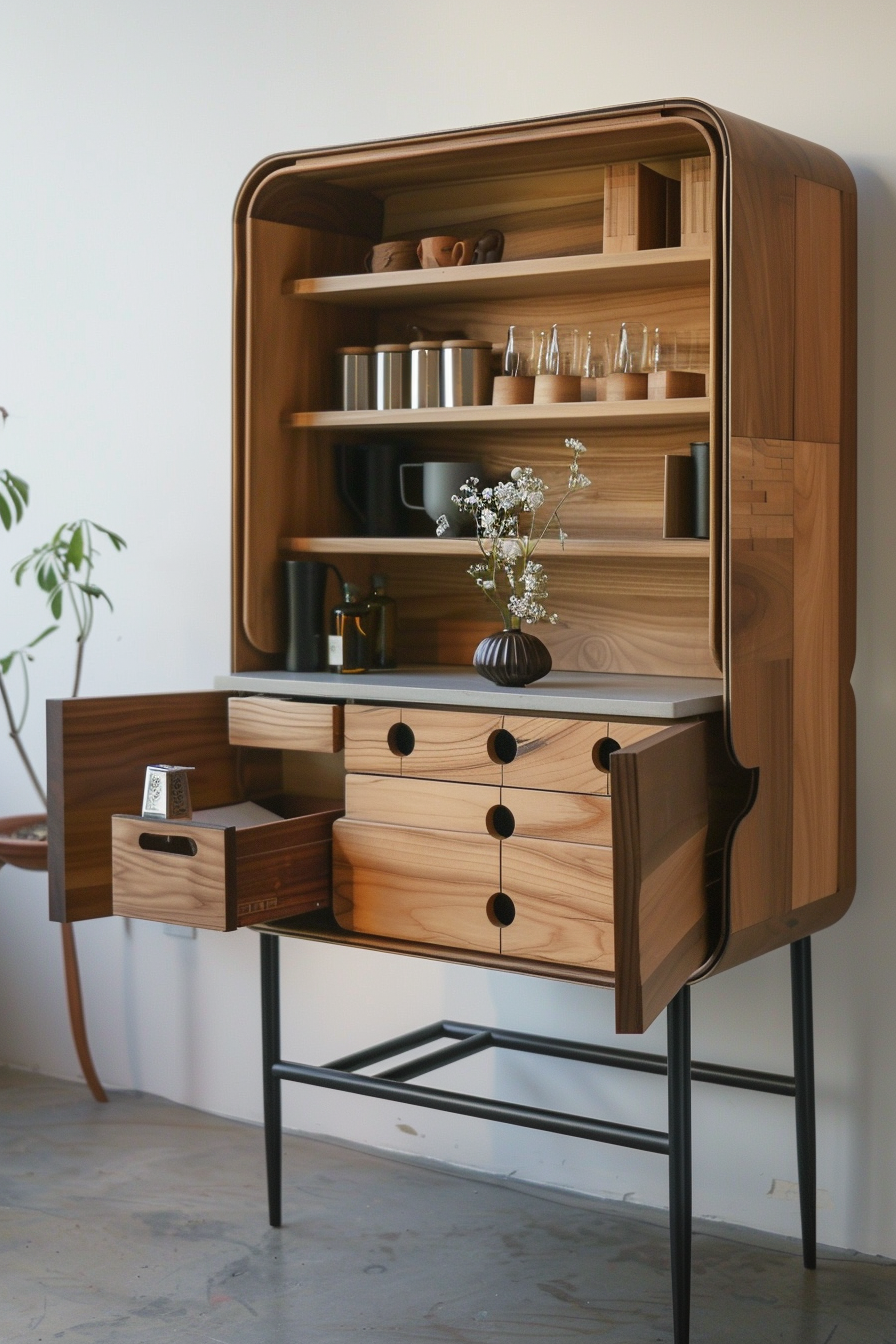 A modern wooden sideboard with open shelves, drawers and black metal legs, displaying various kitchenware and a vase with flowers.