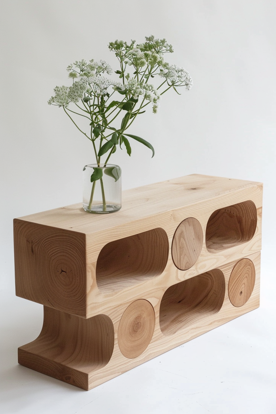 A modern wooden shelf with circular cutouts, displaying a simple glass vase with white flowers against a white background.