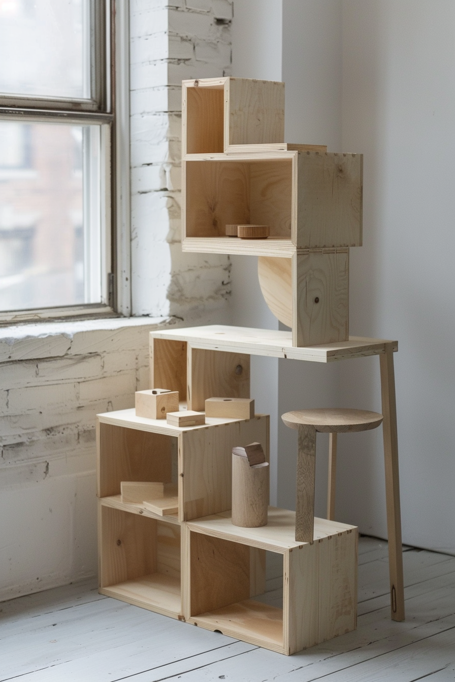 A creatively assembled wooden shelving unit with varying box sizes, alongside a round-topped stool, against a white brick wall by a window.