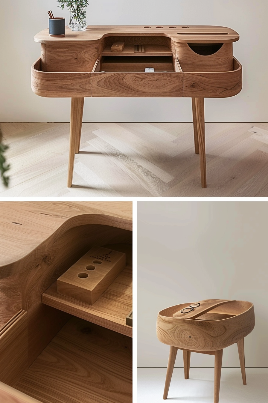 ALT text: "A modern wooden desk with various compartments and sleek, rounded design details shown in three different images highlighting its unique features."