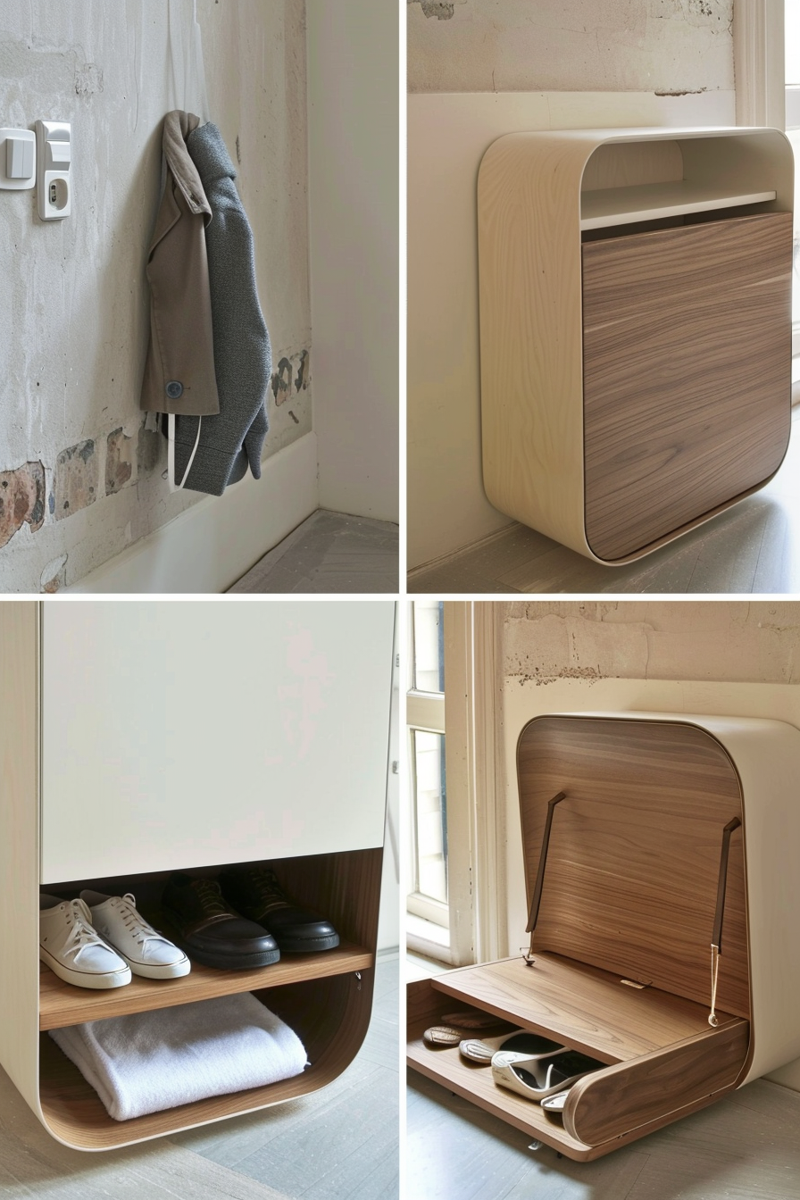 "Collage of a multifunctional furniture piece: A jacket hanging on the wall transforms into a compact wooden shoe storage unit with a bench."