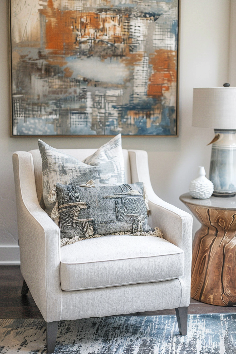 Elegant interior with a cream armchair, patterned cushions, abstract wall art, wooden side table, and a stylish lamp.