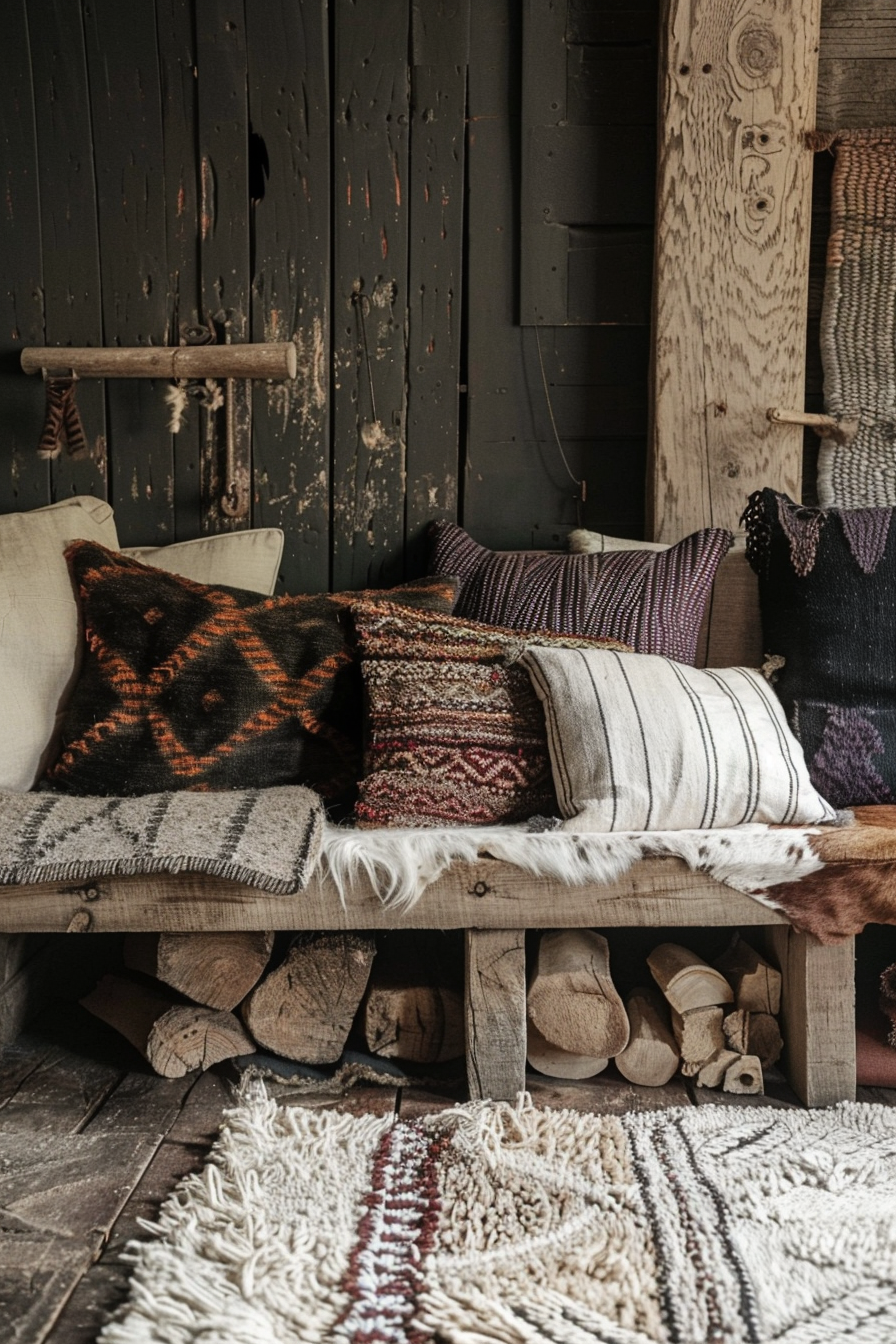 A cozy corner with a rustic wooden bench adorned with patterned pillows and a shaggy rug on a weathered wooden floor.