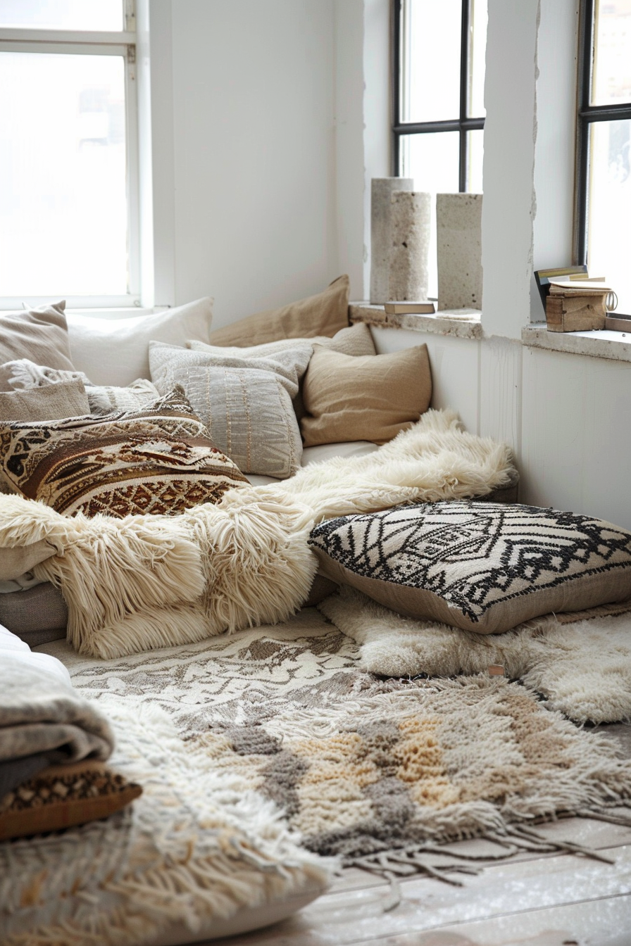 Cozy corner with a mix of textured cushions and throws on a layered rug, near a window with natural light.