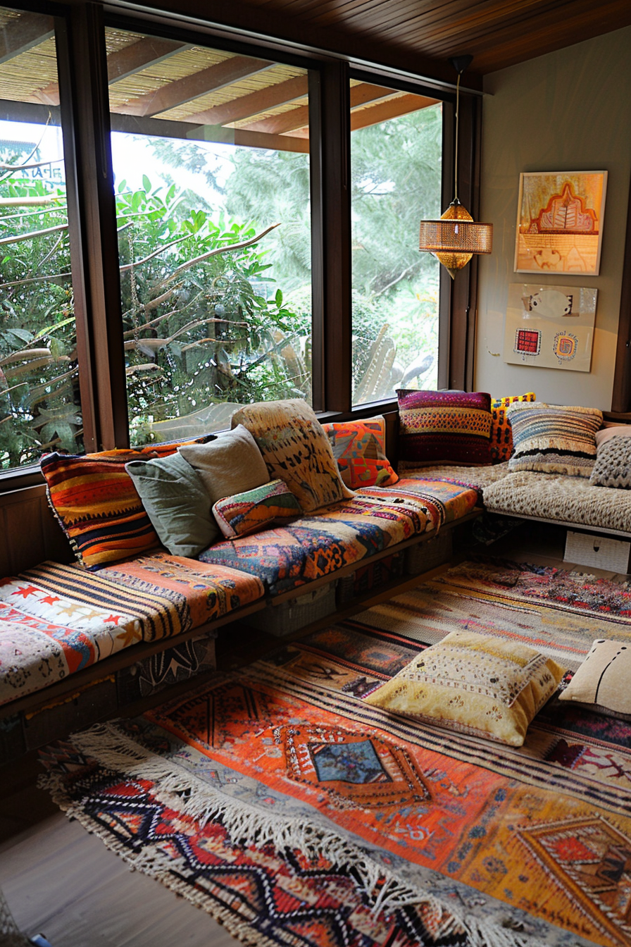 A cozy room with a large window, patterned cushions on built-in sofas, a hanging lamp, artworks, and colorful rugs.