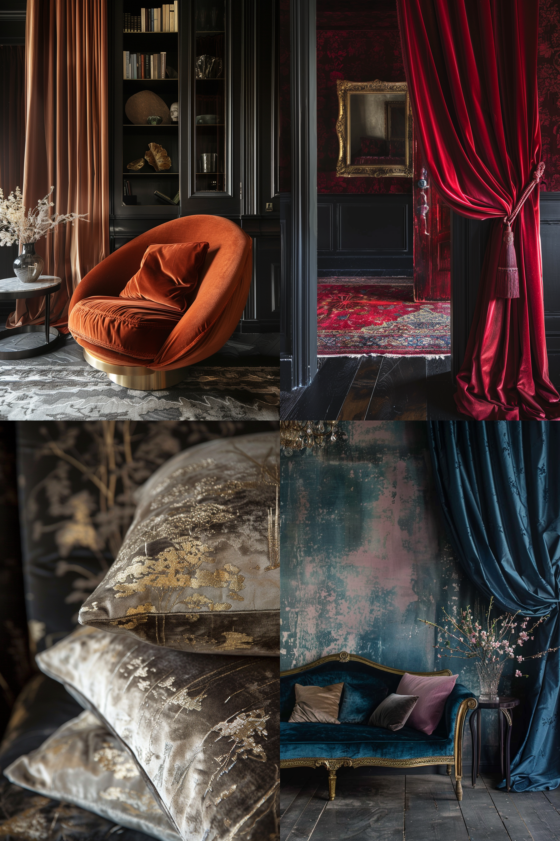 Four images showcasing luxurious interior decor with rich colors, including a velvet chair, draped curtains, decorative pillows, and a vintage sofa.