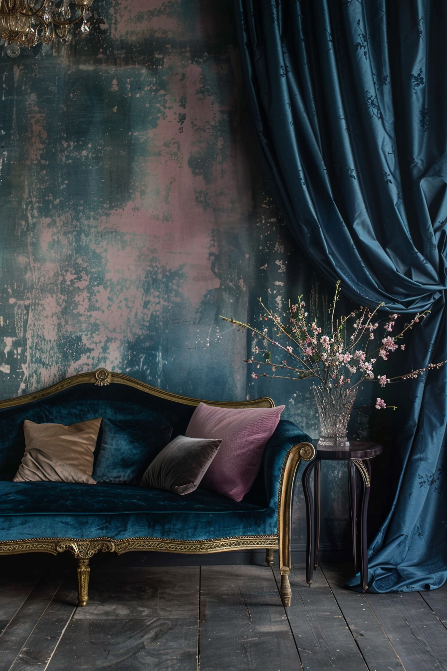 A vintage blue velvet sofa with gold trim, cushions, a glass vase with blossoms on a side table, against a distressed wall and draped curtain.