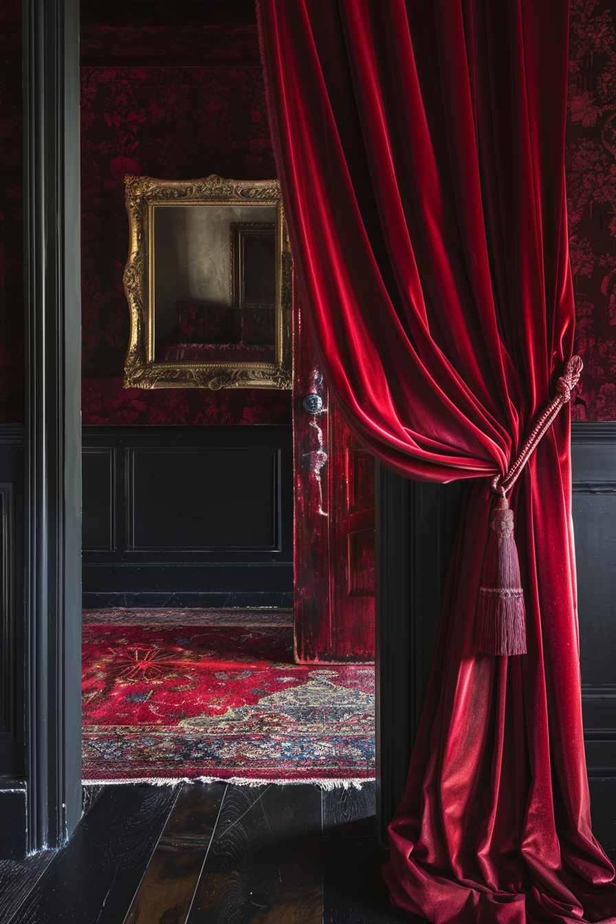 ALT: An elegant red velvet curtain tied with a tassel, partially revealing a dark room with a red patterned wallpaper, matching carpet, and a gold-framed mirror.