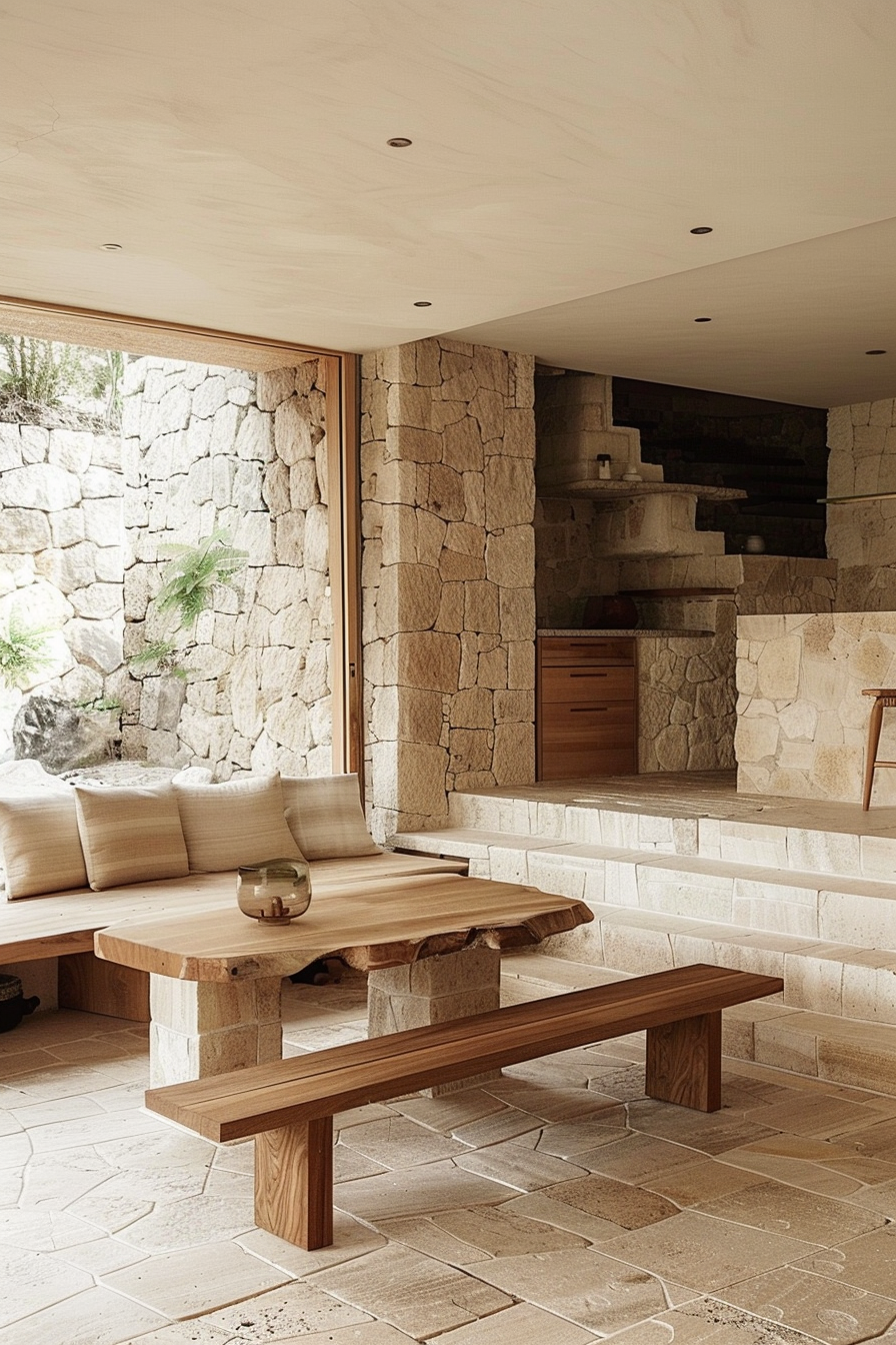 ALT: Cozy corner in a modern rustic room with natural stone walls, wooden bench and table, cushioned seating area, and tiled floor.