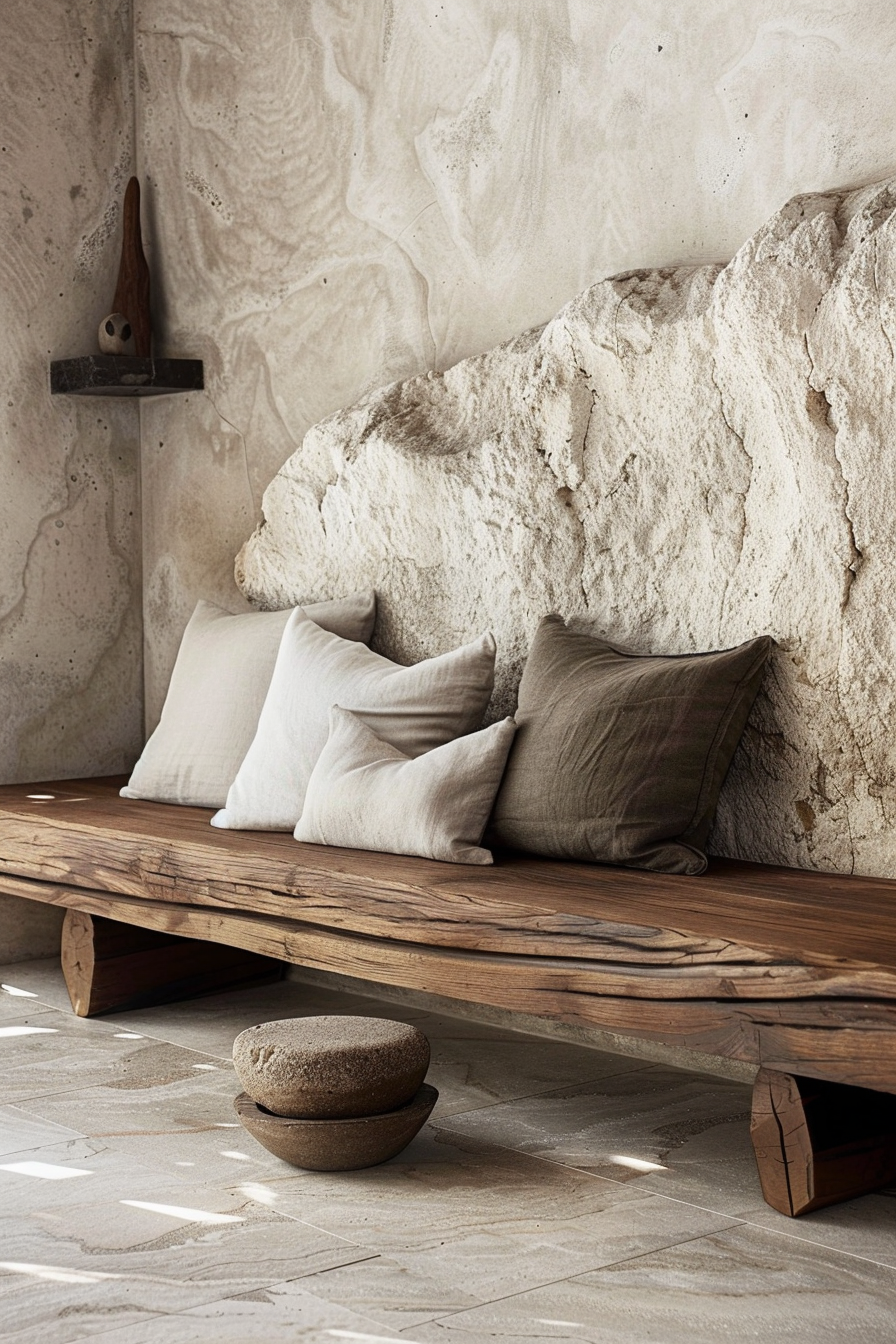 A rustic wooden bench with neutral-toned pillows against a textured cream wall, accompanied by a stone decorative piece on the floor.