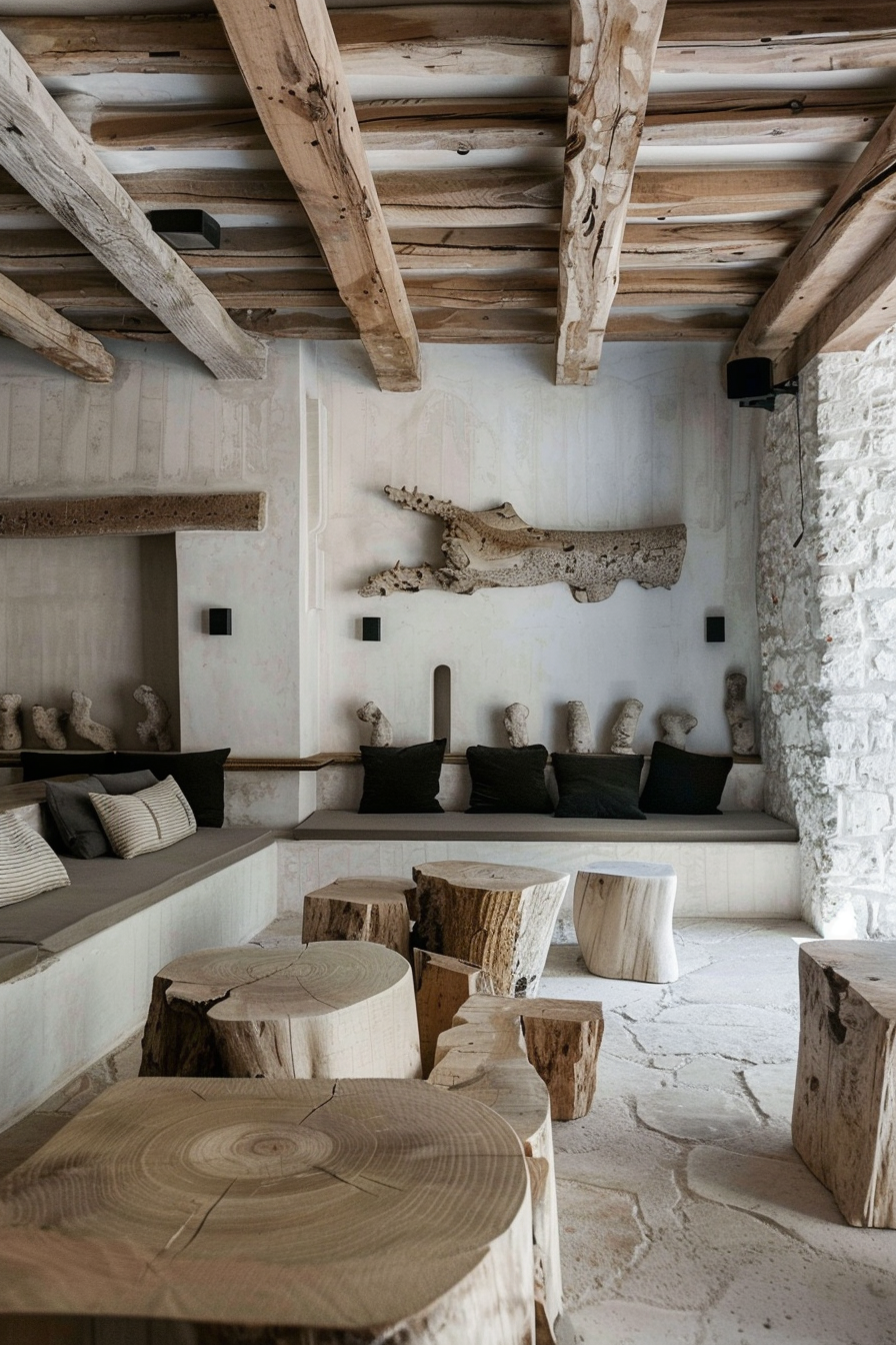 Rustic interior with exposed wooden beams, stone walls, and log furniture creating a cozy atmosphere.