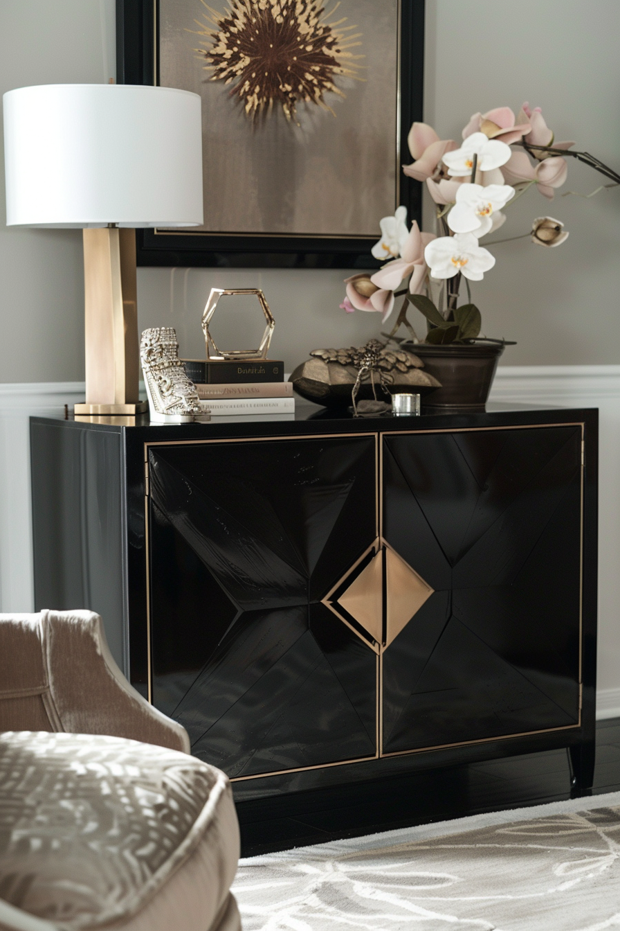 Elegant interior with a glossy black cabinet, decorative lamp, artwork, orchid, books and accent pieces.