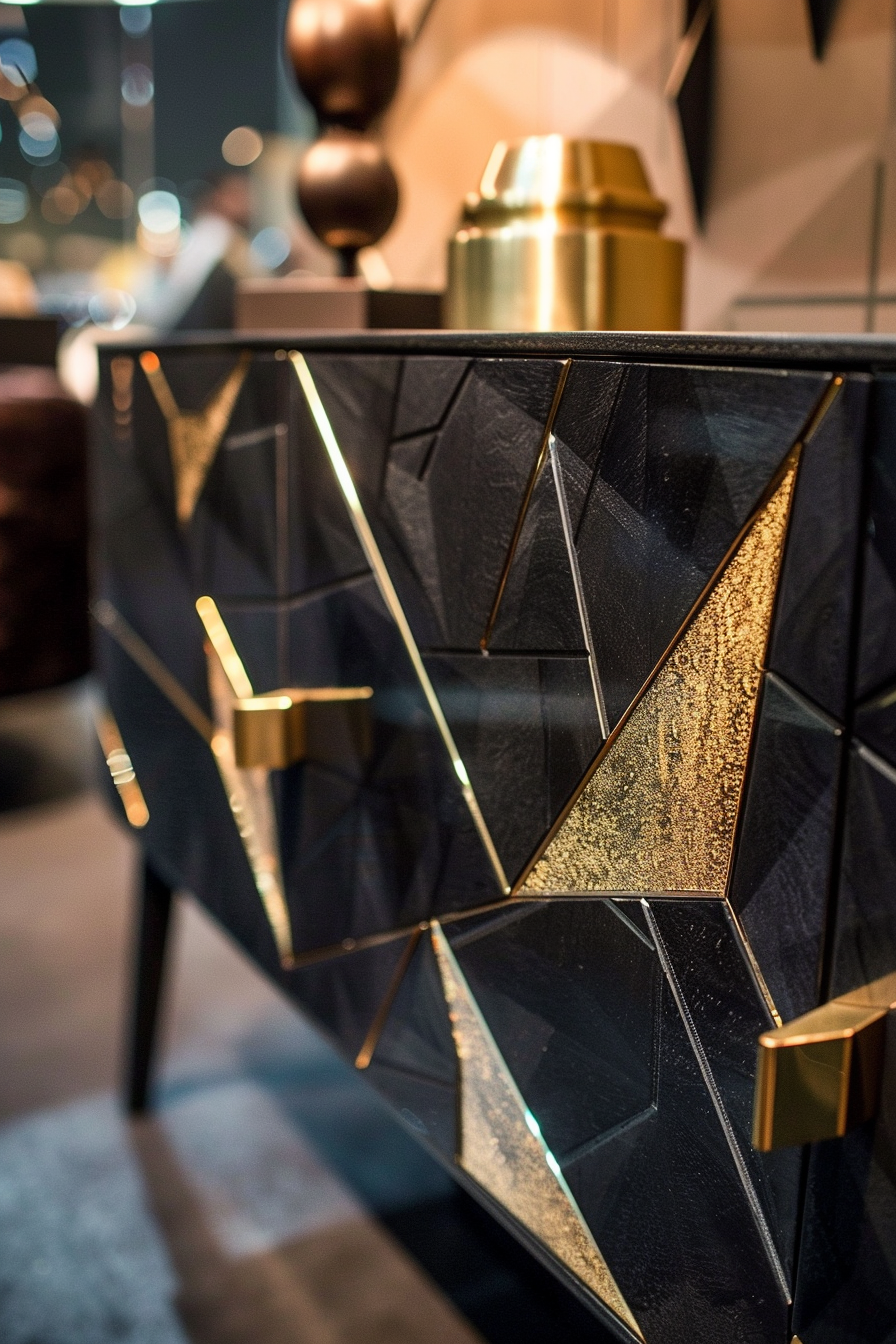 Close-up of a modern cabinet with geometric black and gold design and brass handles, with a blurred background.