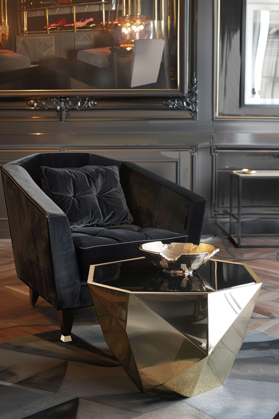 Elegant interior featuring a plush black armchair, a geometric glass coffee table, and a reflective bowl with a parquet floor and mirrored wall.