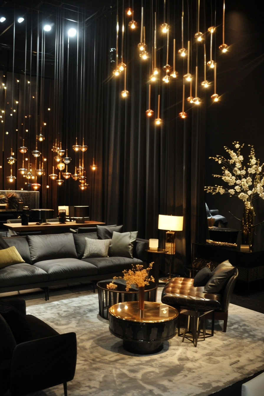 Elegant living room interior with hanging Edison lights, dark-toned furniture, golden accents, and decorative flowers.