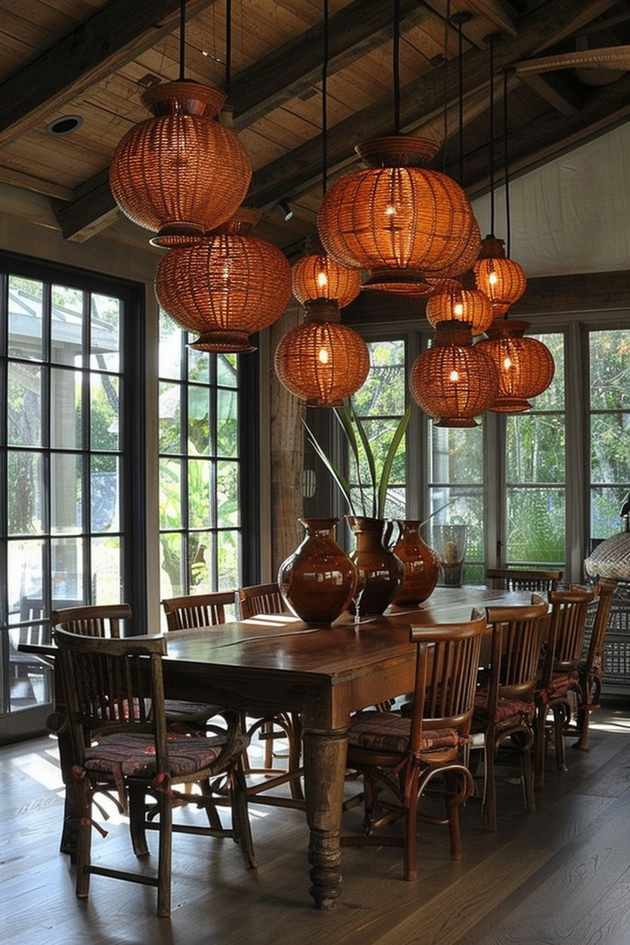 A rustic dining room with a wooden table and chairs, large windows, and several hanging wicker basket lamps.