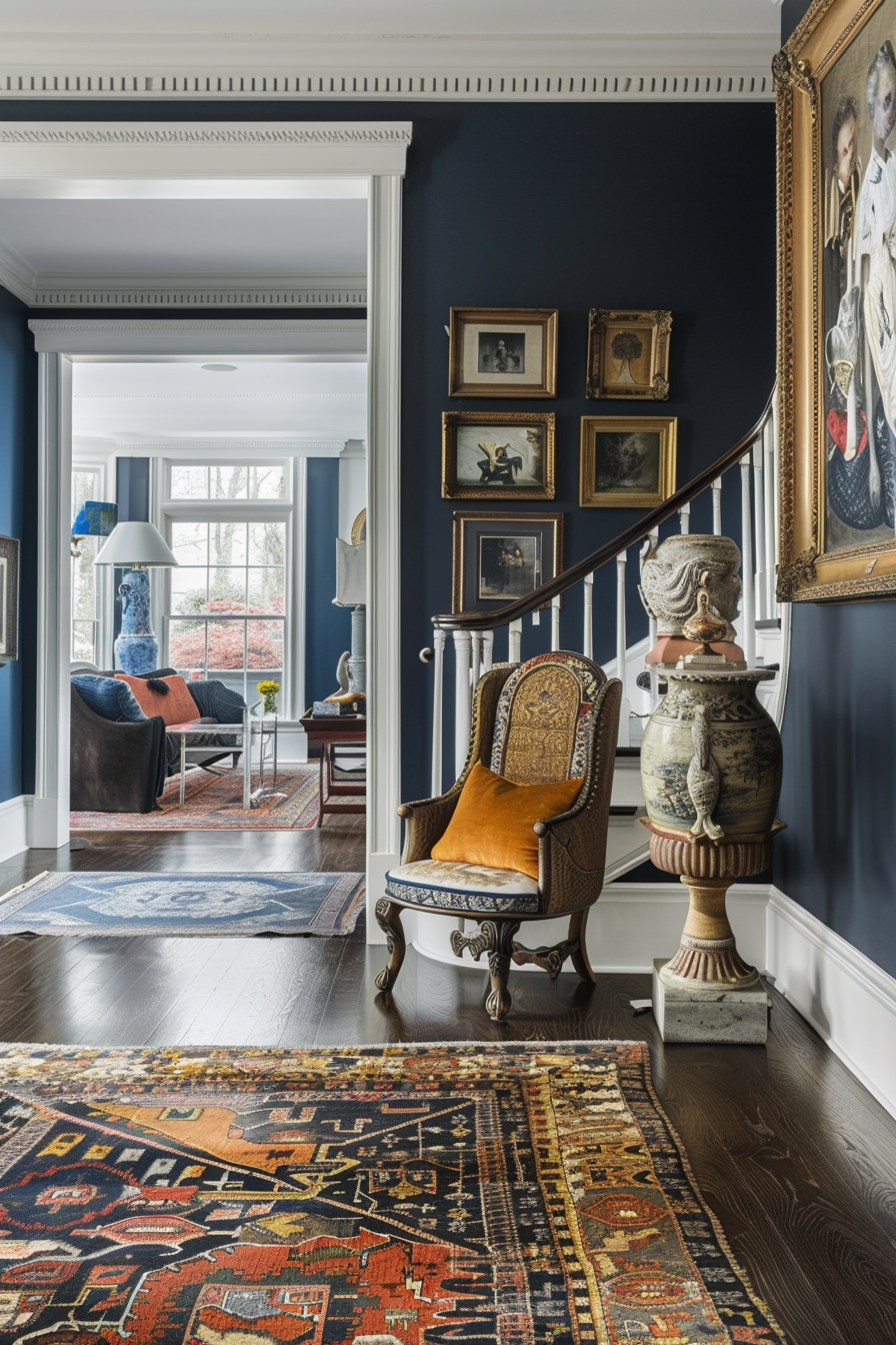 Elegant hallway with a vintage armchair, ornate stairway, picture frames on dark blue walls, and Persian rugs, leading to a cozy living room.