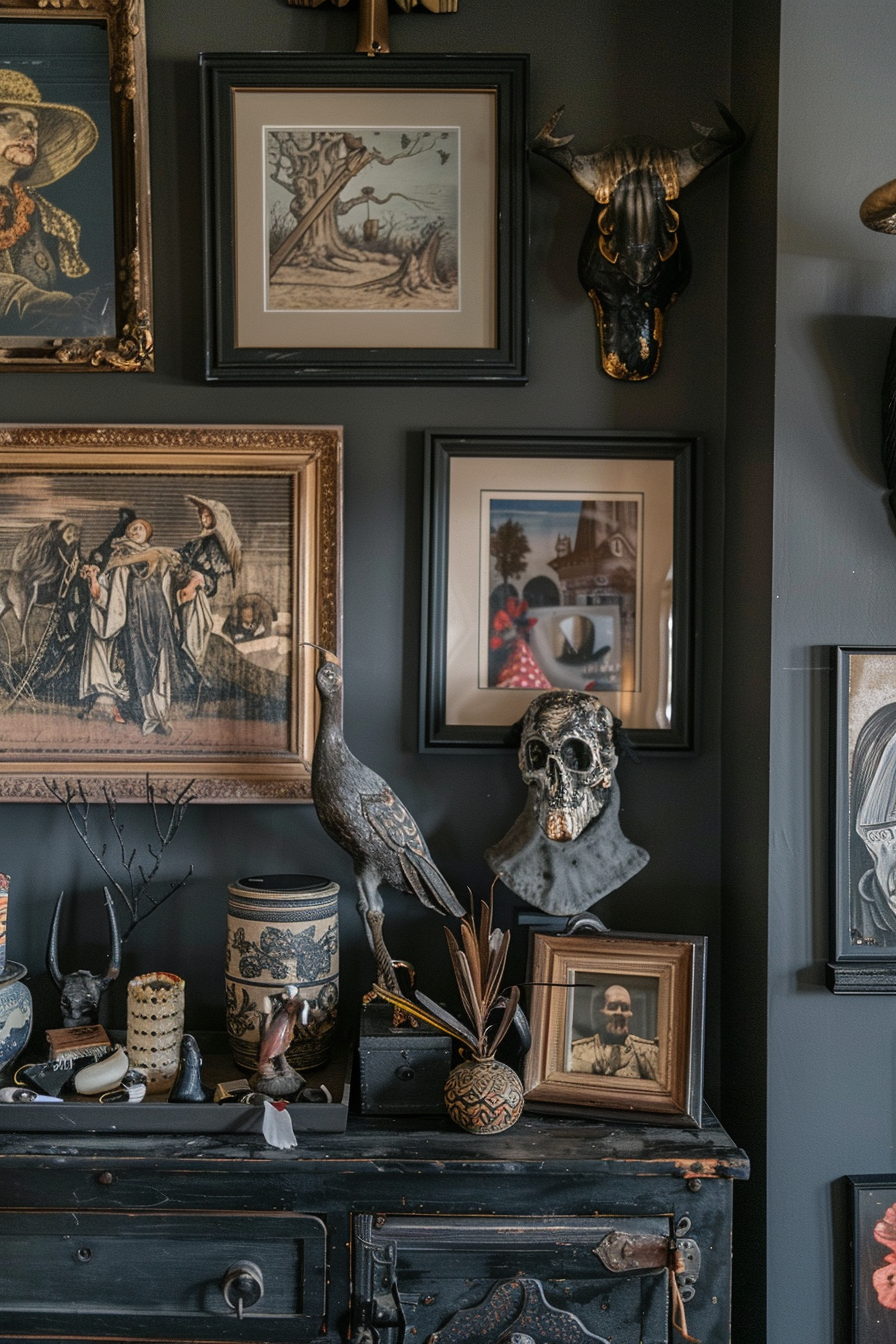 ALT: An eclectic dark-themed room with various framed artworks, a skull decoration, vintage objects, and a metallic bird sculpture on a cabinet.
