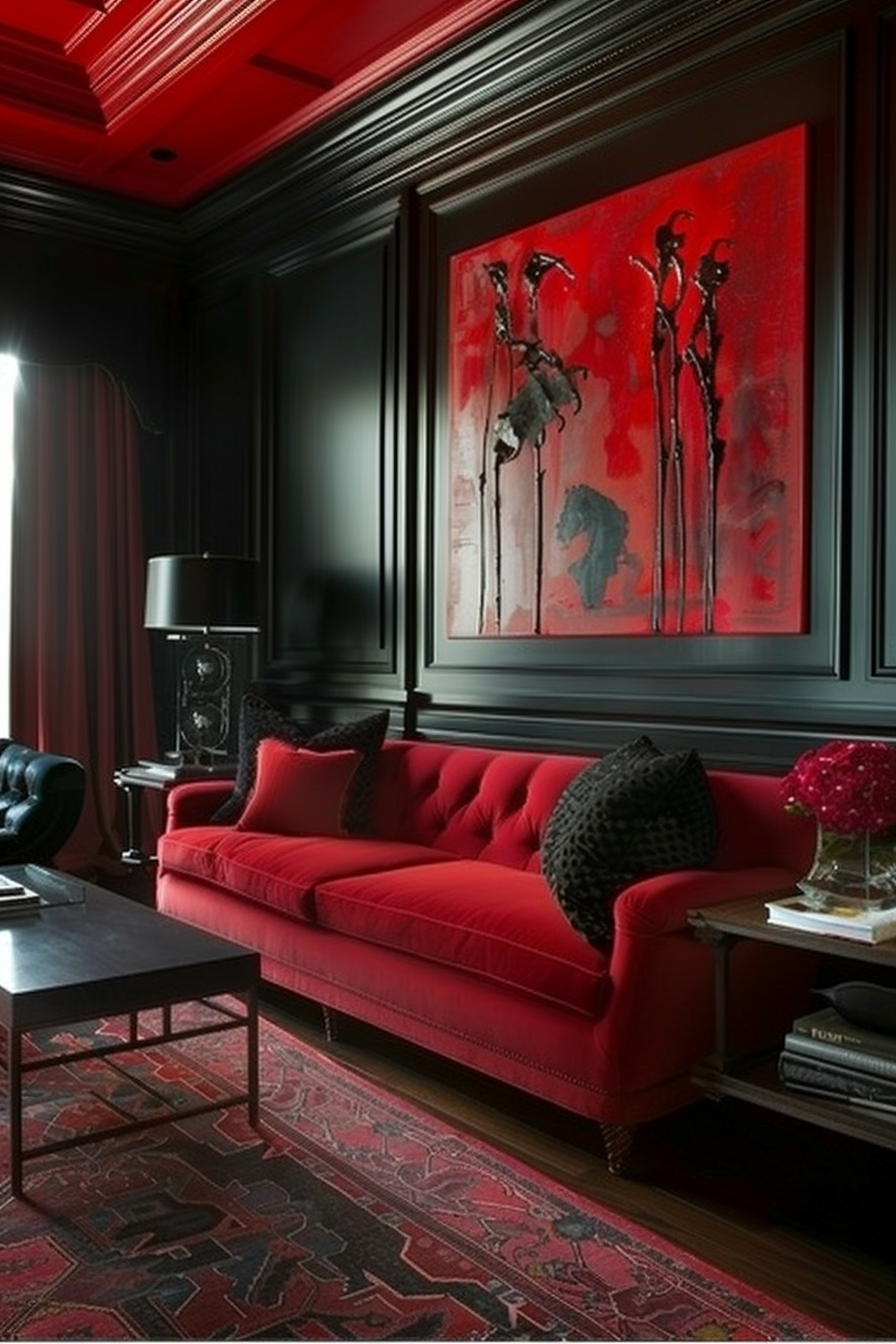 Elegant room with a bold red theme, featuring a vibrant red sofa, black walls, red drapes, and an abstract art piece.