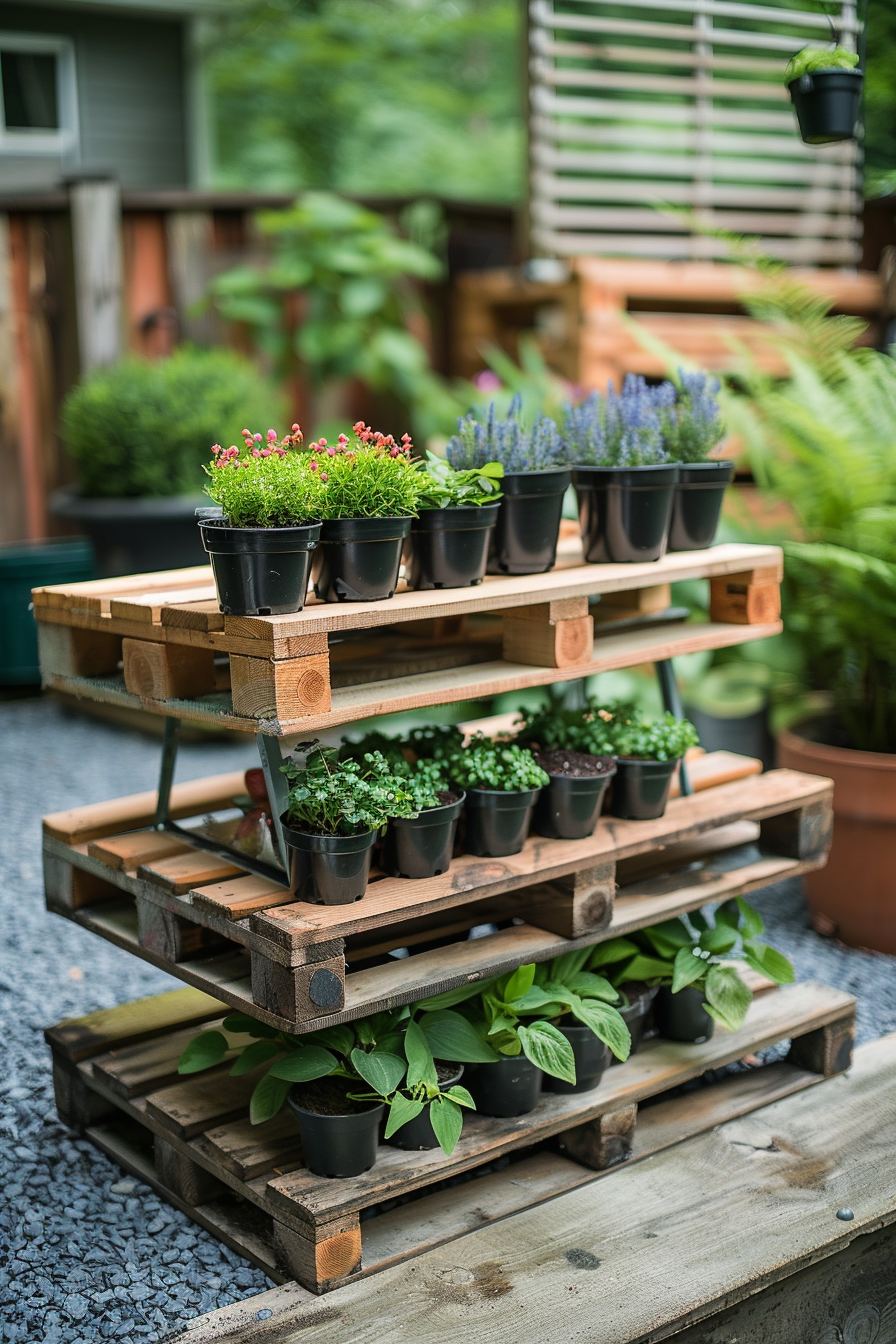 DIY plant stand made of stacked wooden pallets with various potted plants and flowers, in an outdoor setting.