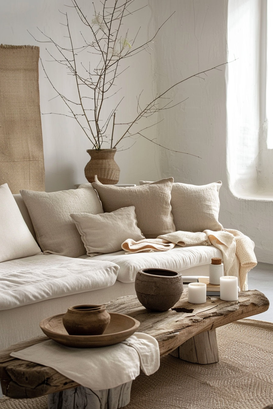 A cozy living room corner with a white sofa filled with beige cushions, rustic wooden table, candles, and a vase with branches.