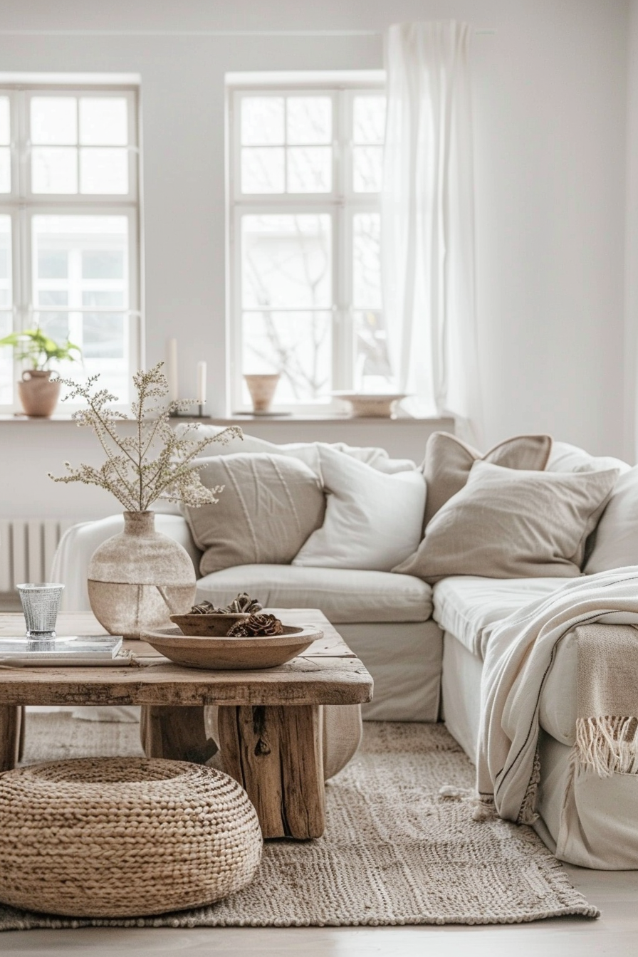 Cozy living room with a beige sofa, wooden coffee table, and natural decor under soft daylight.