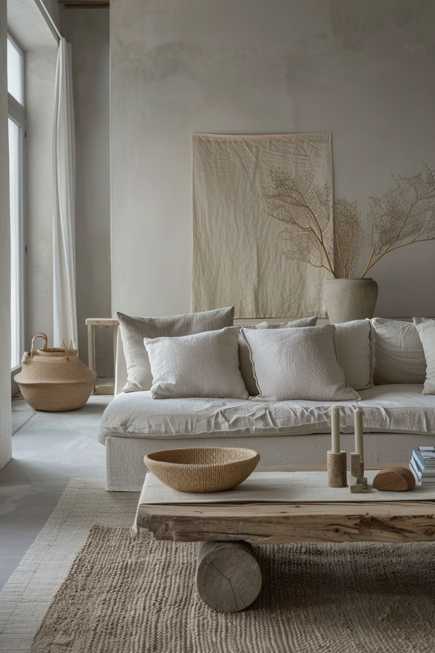 A serene living room with a neutral palette featuring a linen sofa, rustic table, wicker baskets, and dried plants.