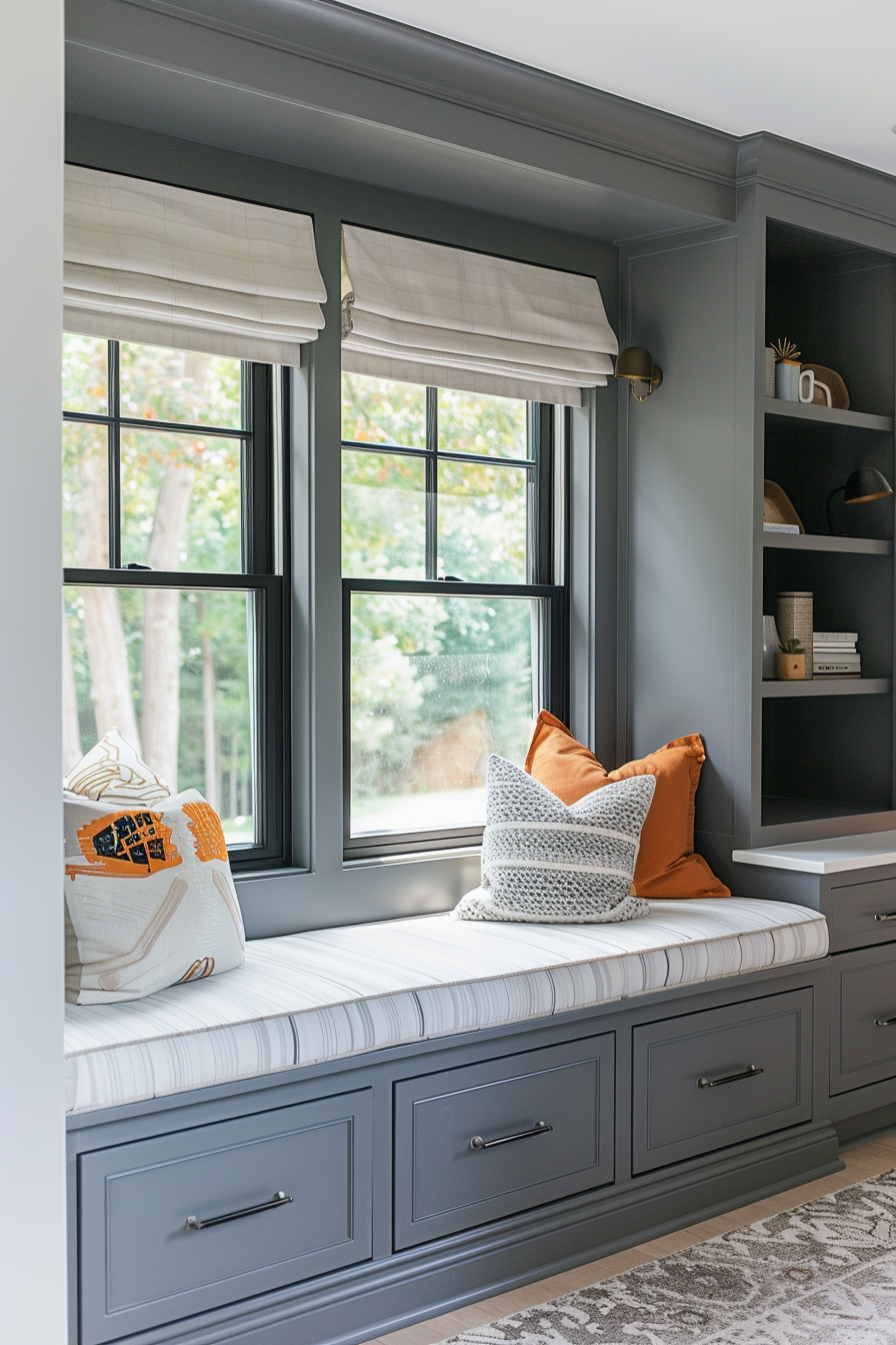 Cozy window seat with cushions and built-in storage cabinets in a room with a gray color scheme and Roman shades.