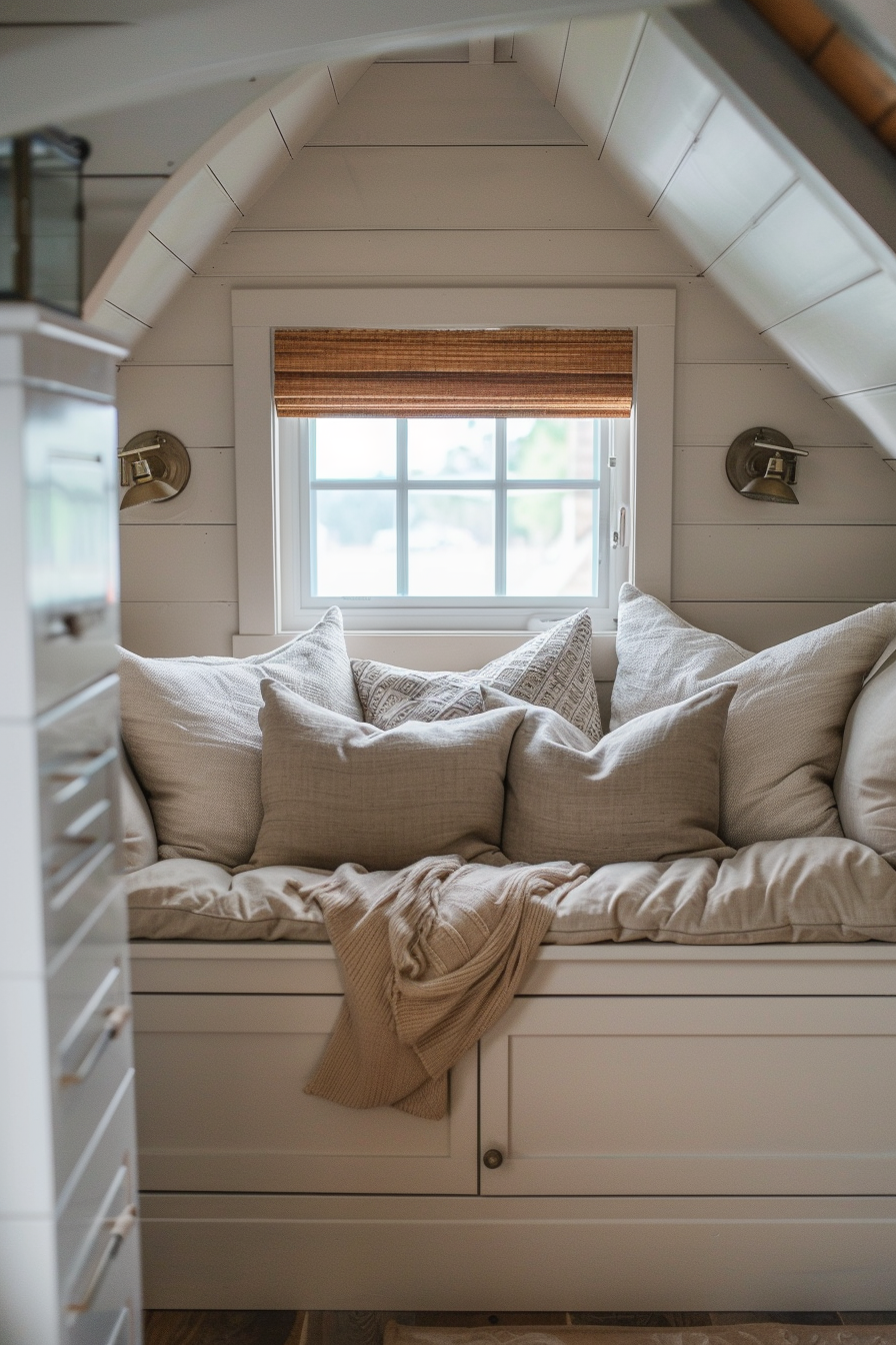 ALT Text: "Cozy nook with plush cushions and a knitted throw on a built-in bench under a window with a bamboo shade in a room with sloped ceilings."