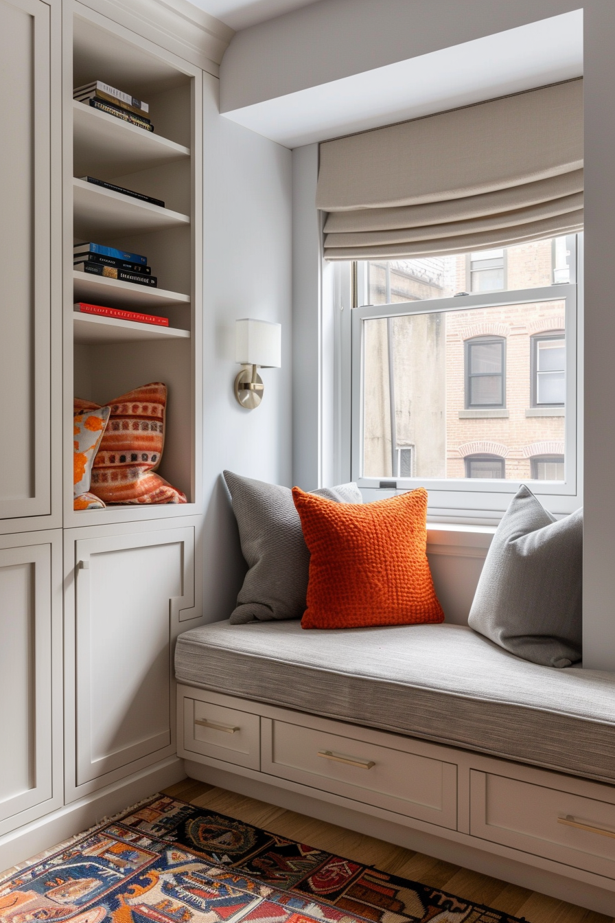 Cozy window seat nook with cushions, white built-in shelves and drawers, a patterned rug, and a view of neighboring buildings.