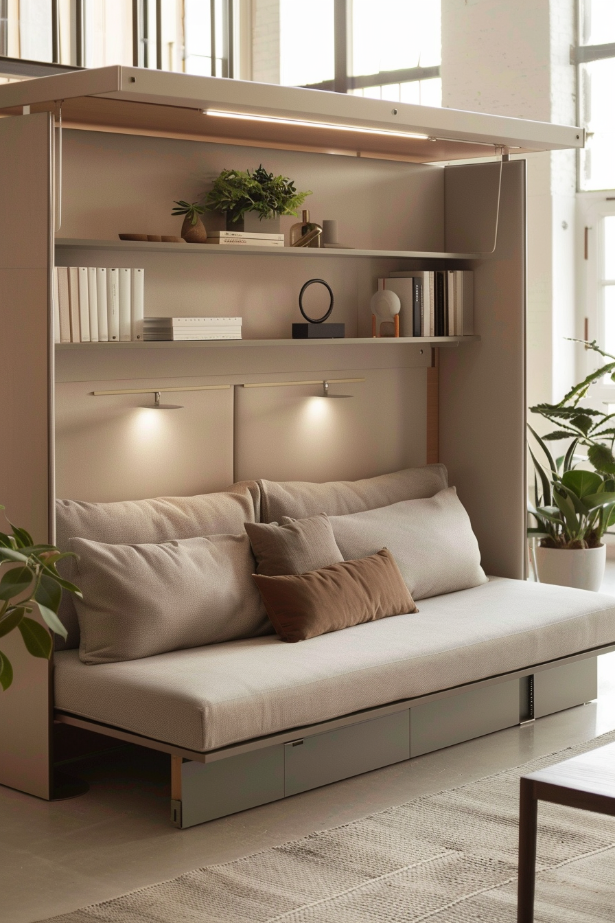 Minimalist modern murphy bed with beige cushions and built-in shelves, surrounded by indoor plants and ambient lighting.