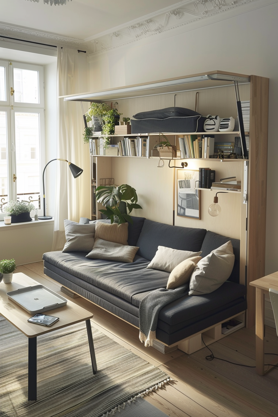 Cozy living space with a blue sofa, bookshelves, plants, and a loft bed, well-lit by a window.