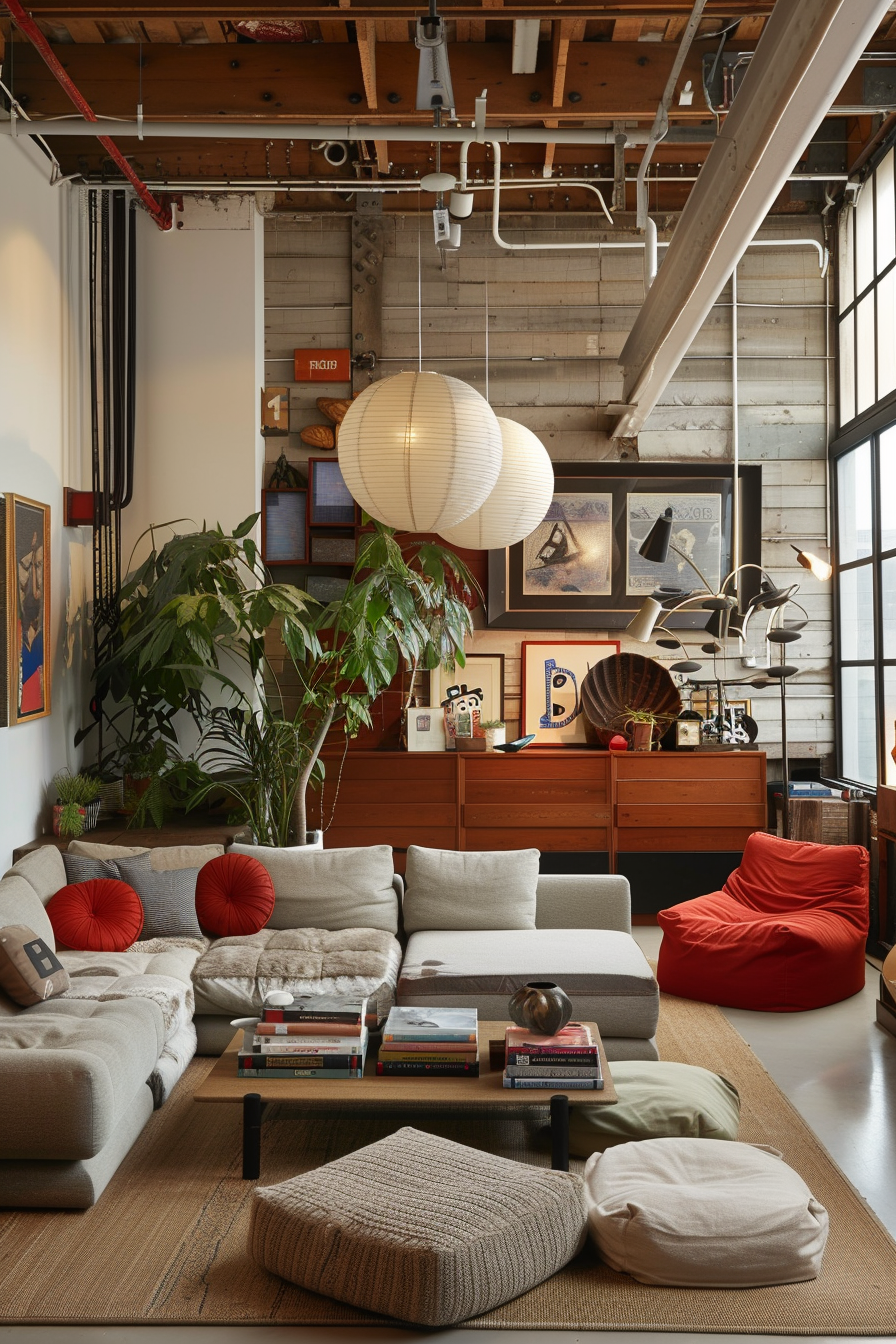 A cozy industrial living room with exposed beams, a large sectional sofa, round hanging lamps, and an assortment of plants and art.
